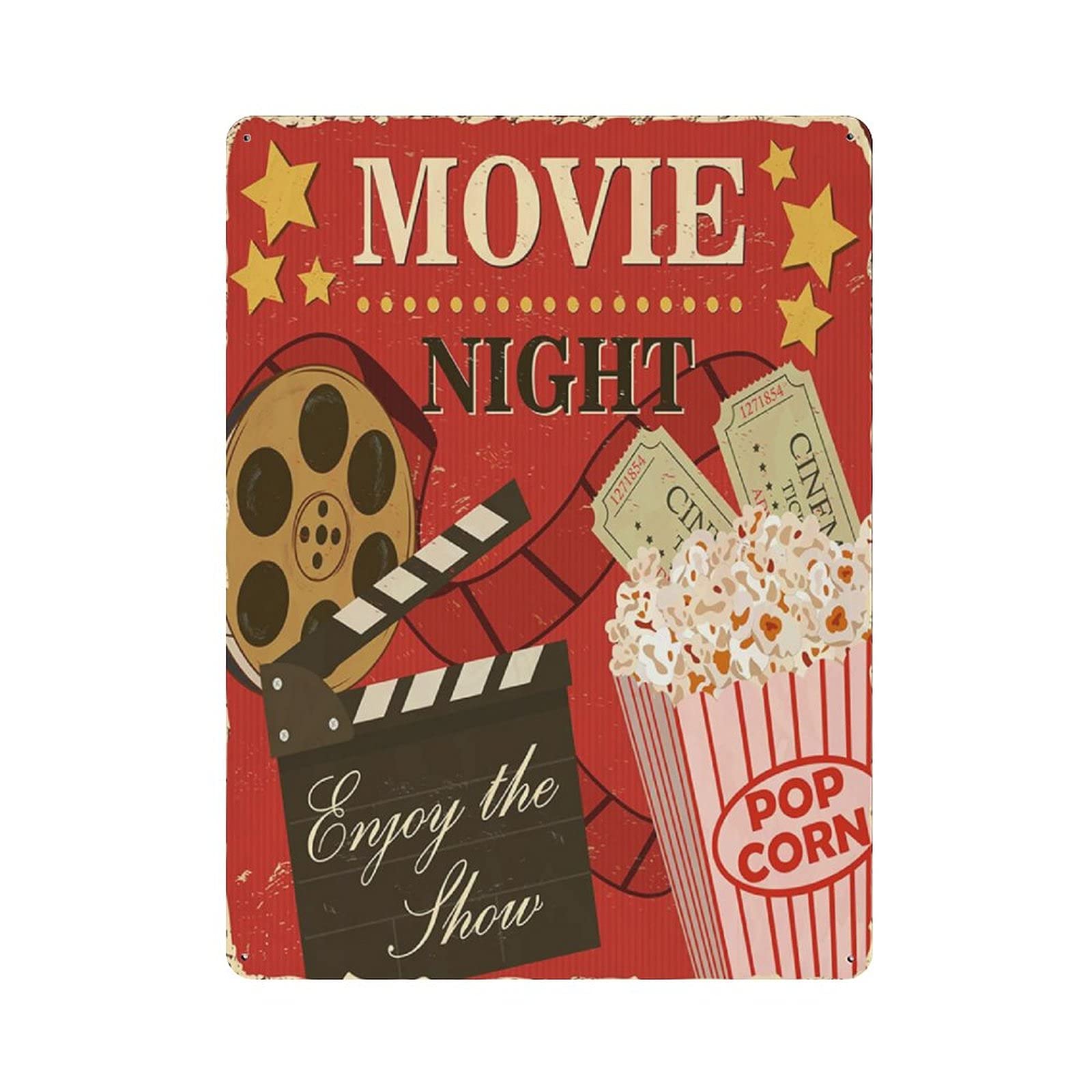 Metal Tin Sign Movie Night with Popcorn Vintage Tin Poster Metal Sign Wall Decoration Country Kitchen Home Garage Decor 16"x12"