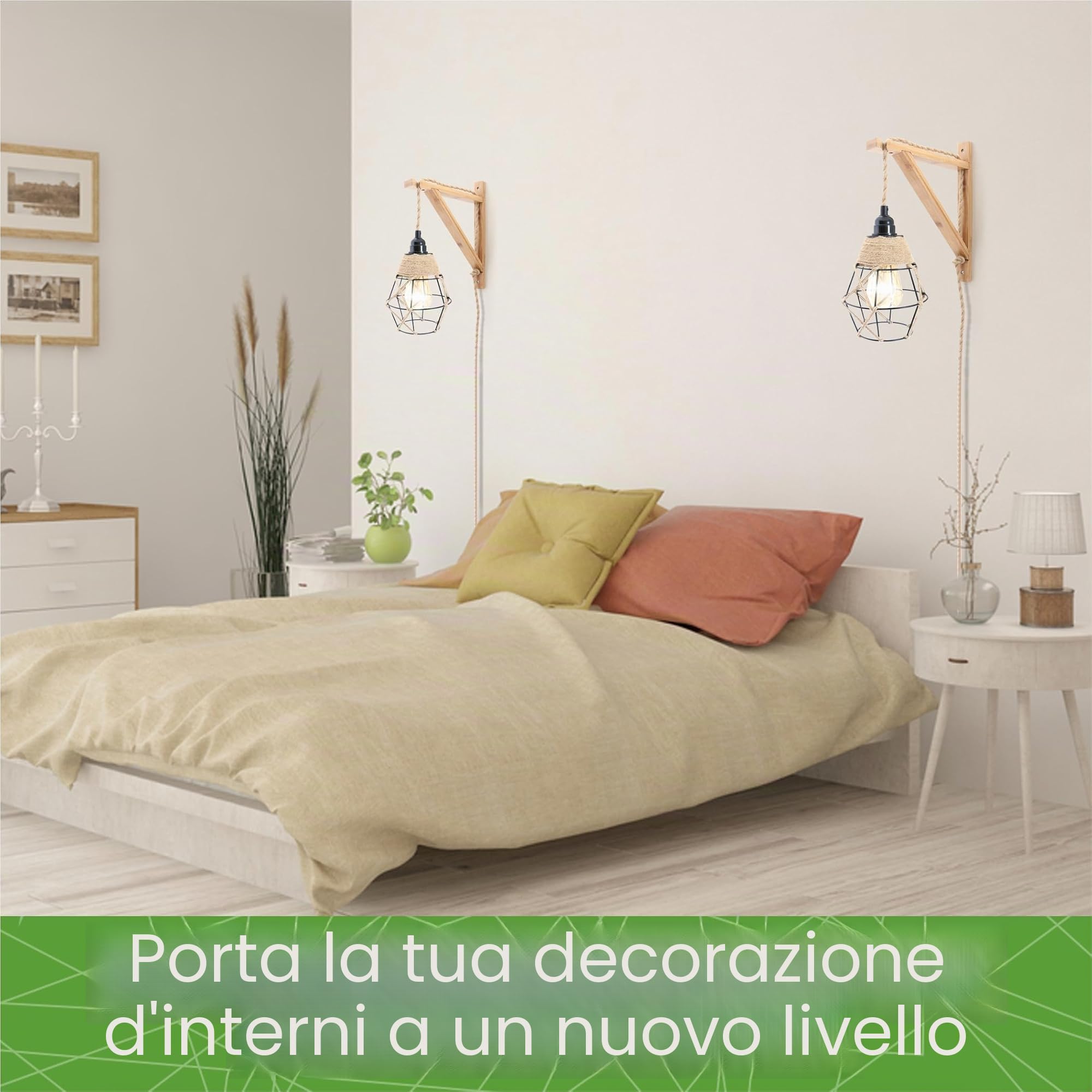 Supporto da parete in bambù per lampade a sospensione, set di 2, decorativo boho in legno, per diverse sospensioni, naturale