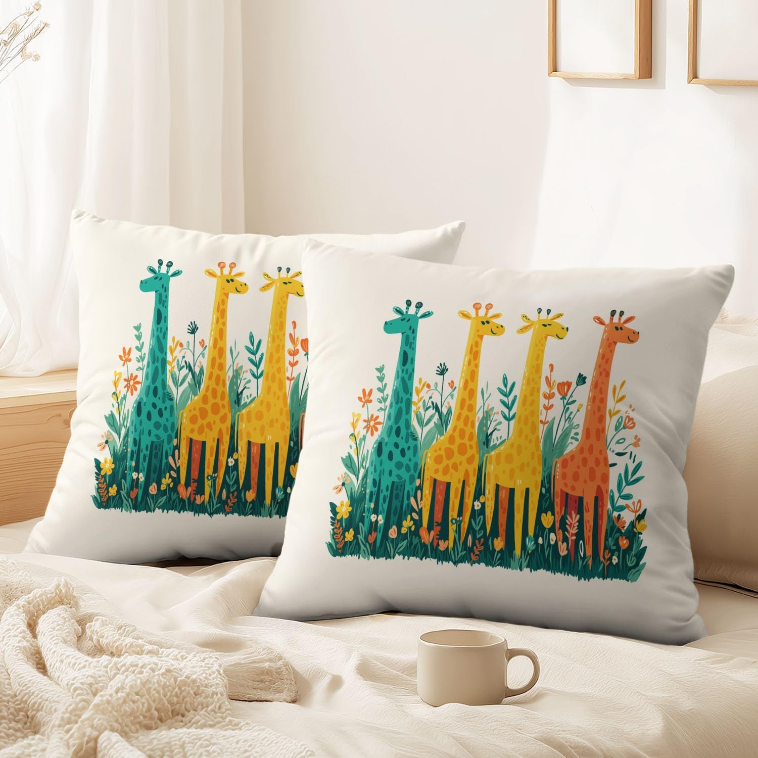 Taie d'oreiller girafe mignonne style livre d'images pour égayer un fauteuil de salon