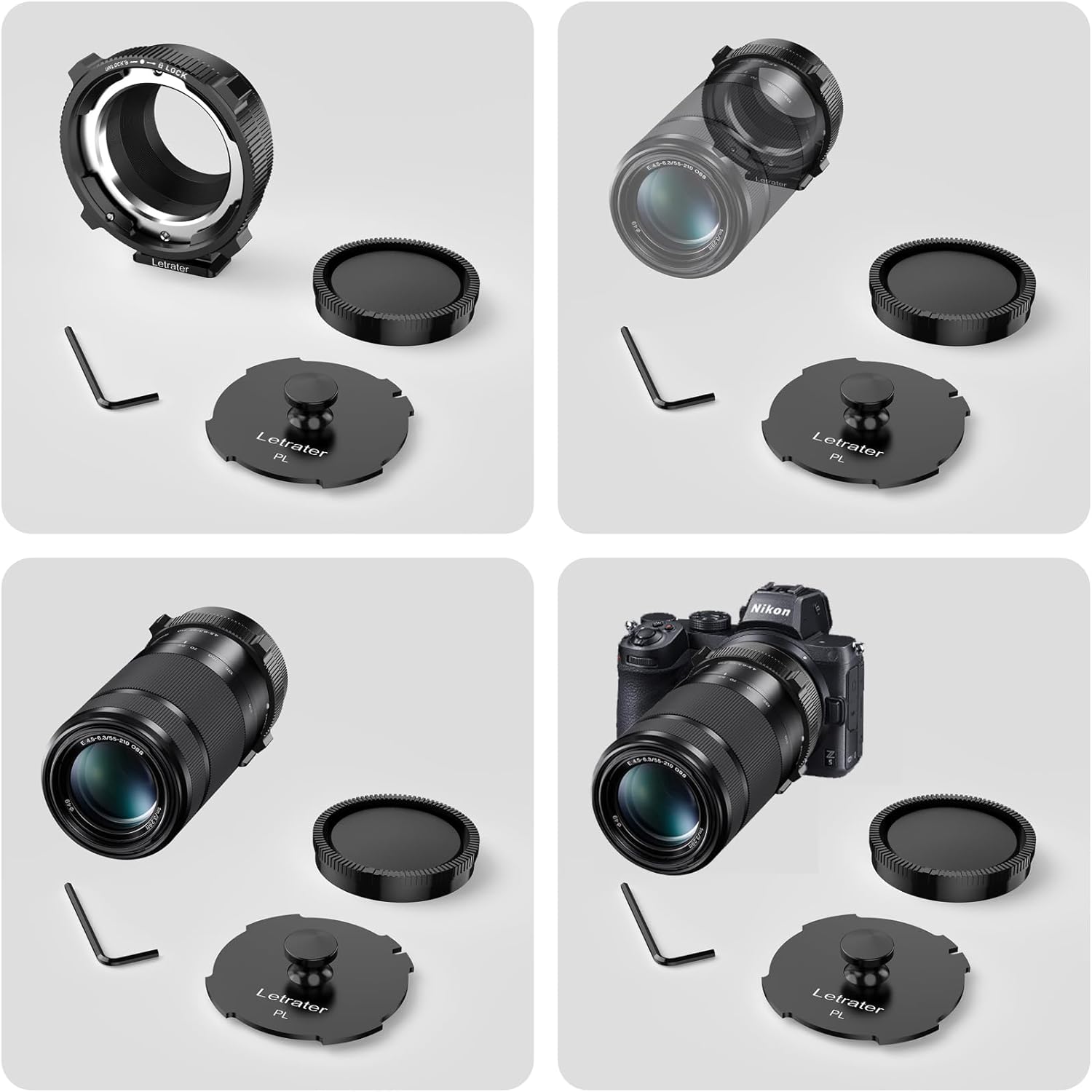 PL-Z Lens Mount Adapter for PL Lens to Nikon Z Mount Cameras-Z6 Z6II Z7 Z7II Zfc Z8 Z9 Z50 Zseries, with Two Copper Mounts, Two caps, One Wrench, One Cloth, T Matte Black