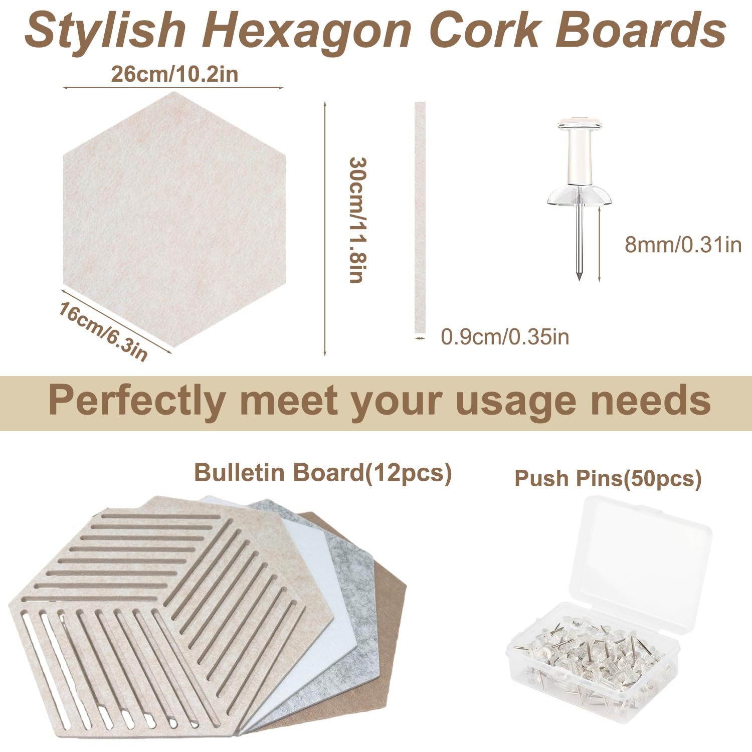 Acidea 12 Stück Filz Pinnwand Sechseckig, Selbstklebende DIY Pinnwand Kork mit 50 Stück Durchsichtig Pushpins, Hexagon-Memoboard für Büro, Home, Schlafzimmer, Wanddekoration