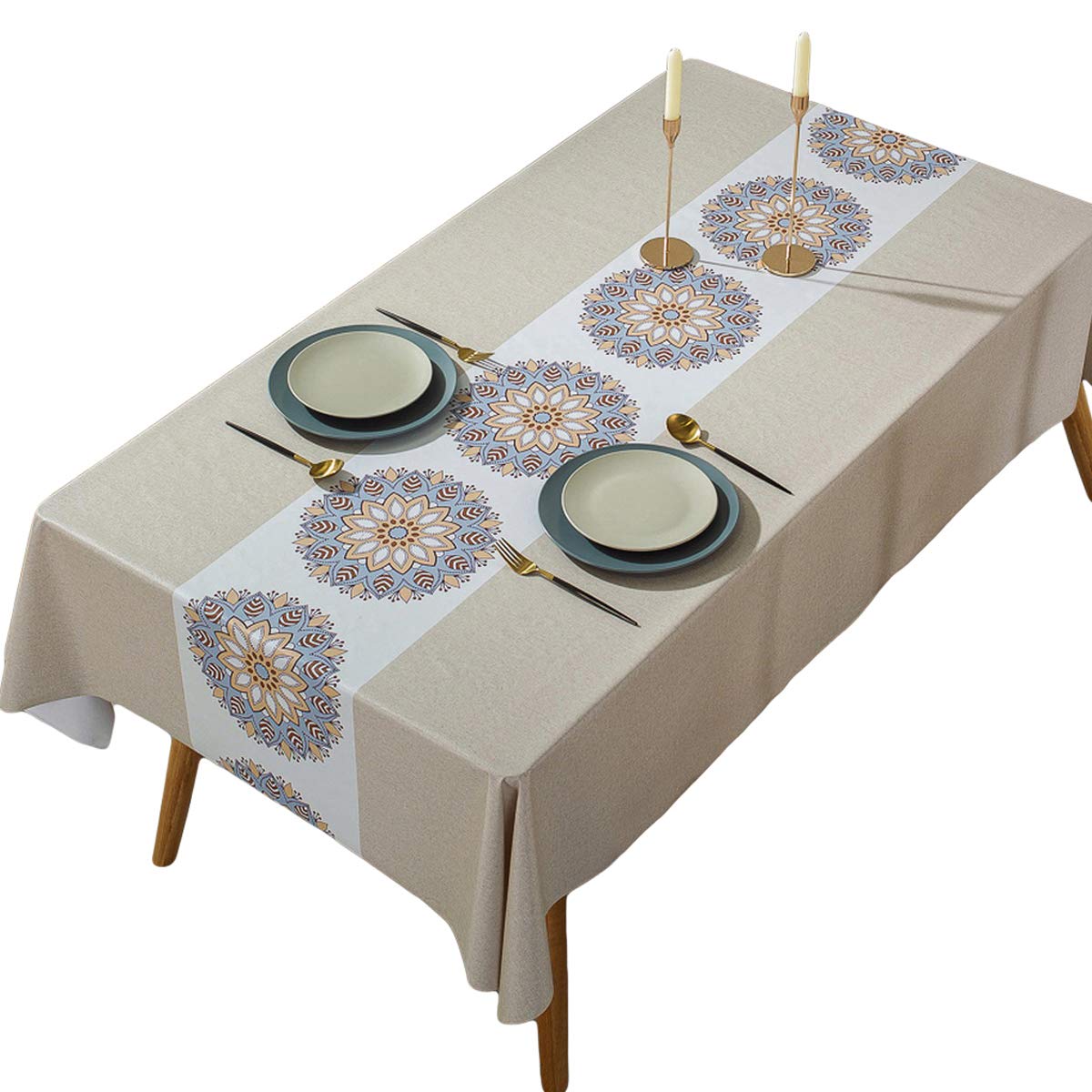 Nappe étanche PVC anti-tache motif lotus blanc pour table intérieur et jardin