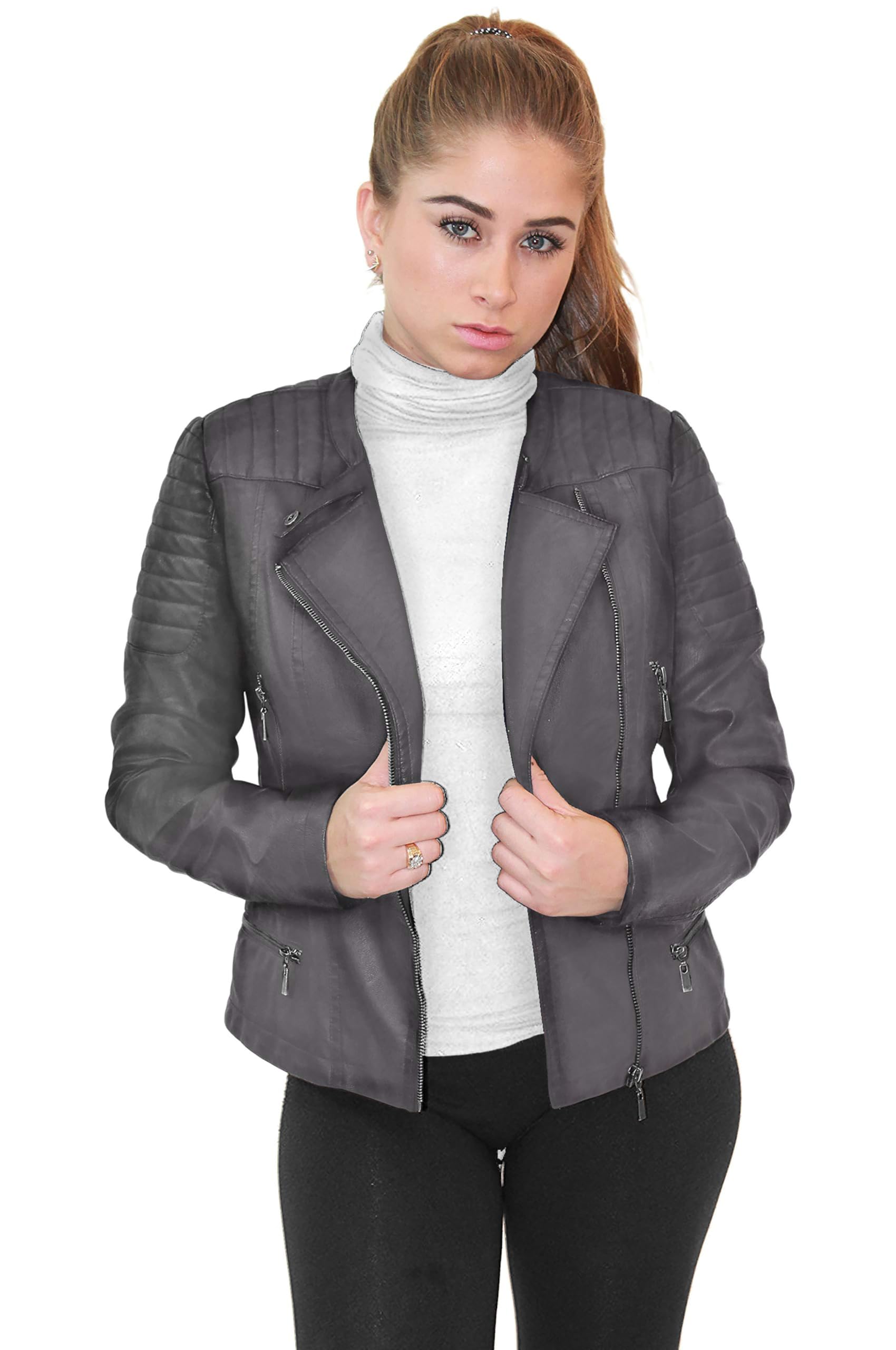 Womens Faux Leather Zip Up Moto Biker Jacket