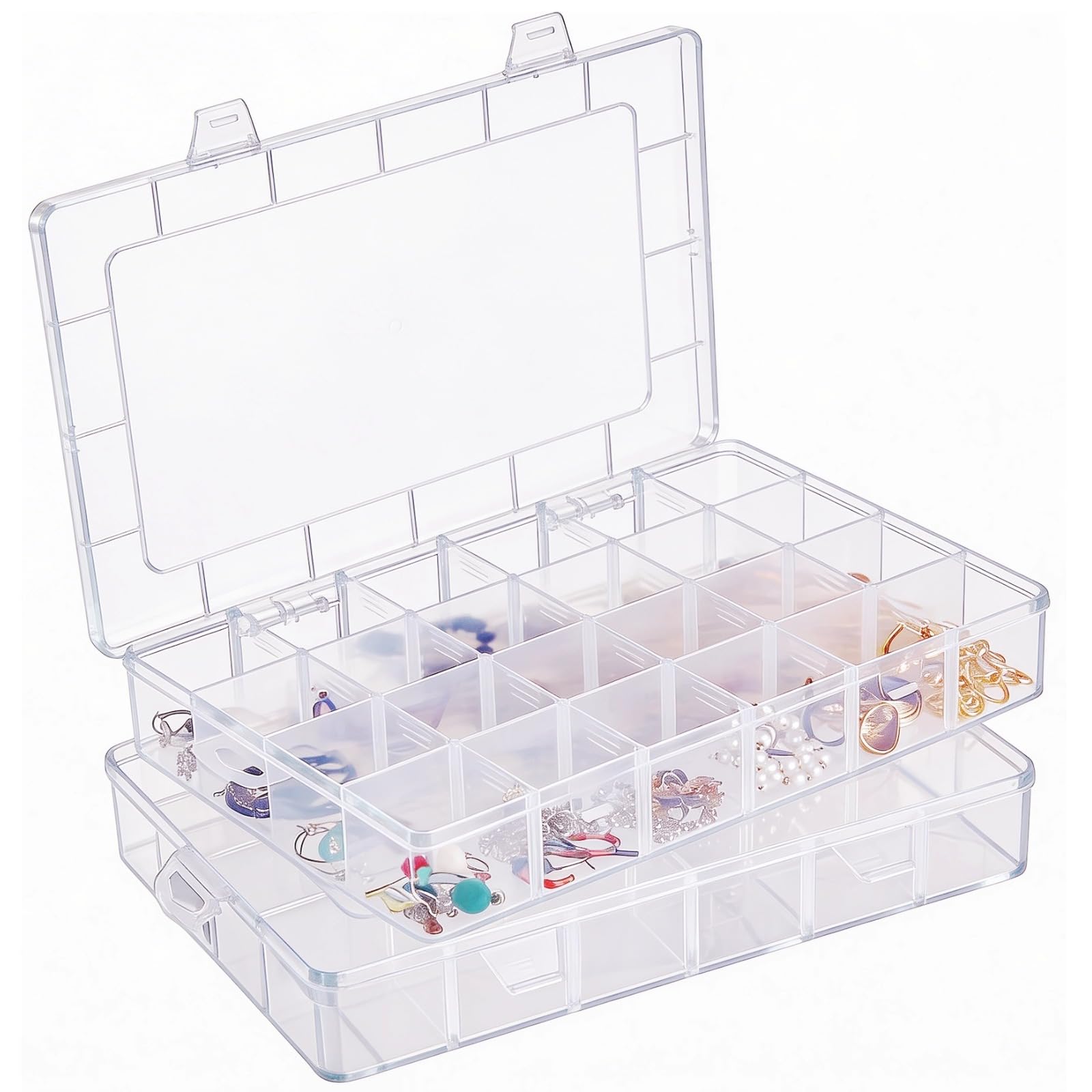 2 scatole organizer in plastica, 24 scomparti trasparenti con divisori regolabili, custodie in plastica trasparente per gioielli, perline, materiali di ricerca, forniture artigianali
