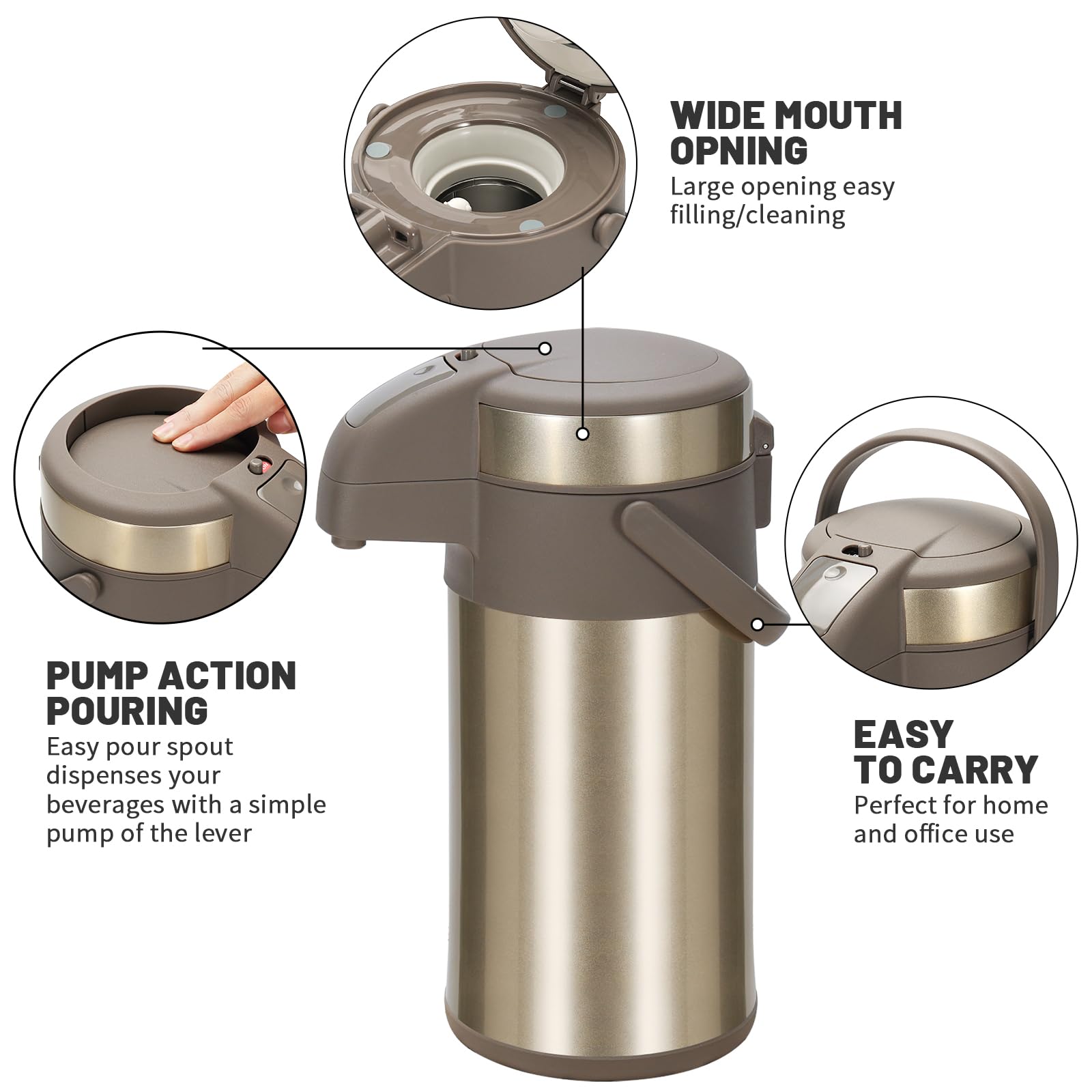 Jarras de bomba, termo dispensador de café, 4 litros, acero inoxidable de doble pared, jarra aislada al vacío con mecanismo de bomba, cafetera, jarra para 24 tazas (dorado)