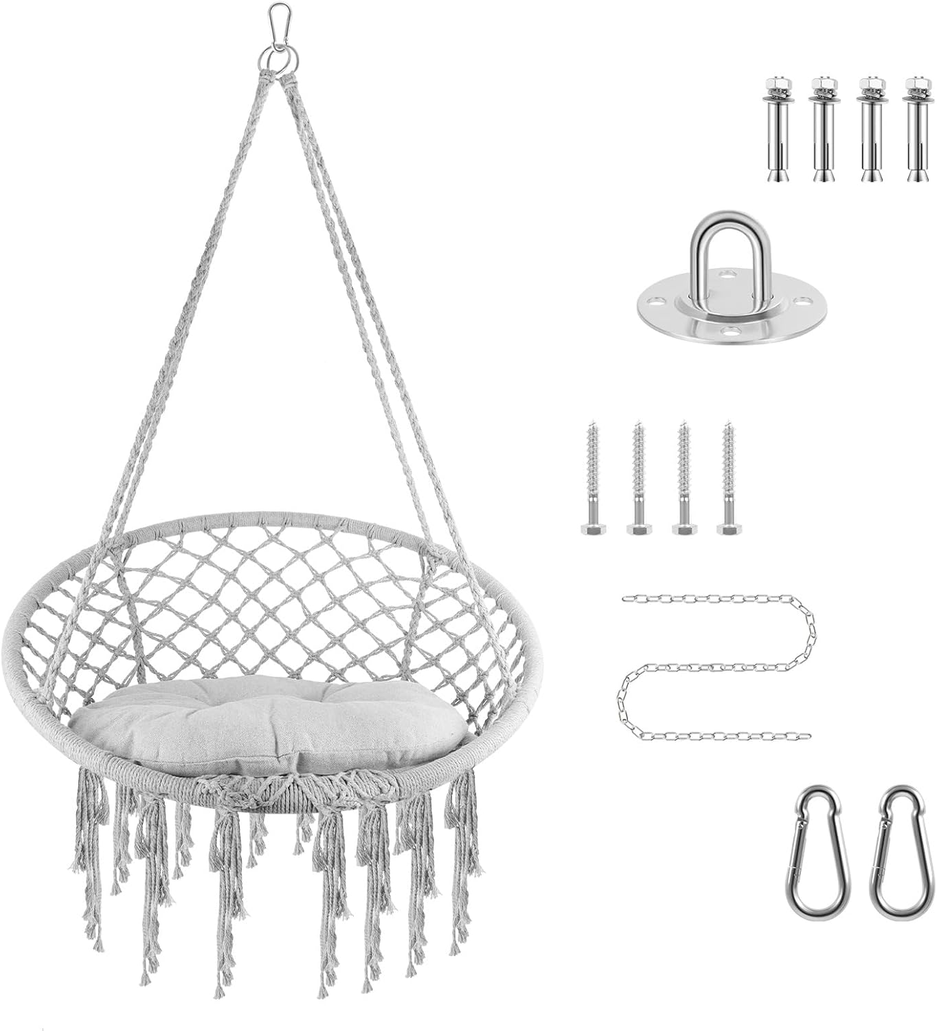 Bohemian Macrame Hanging Chair - 500LBS Swing Chair with Soft Cushion, Handwoven Cotton Rope & Steel Rings, 50ft Lift for Indoor Porch, Outdoor Patio, Garden, Beige (Grey)