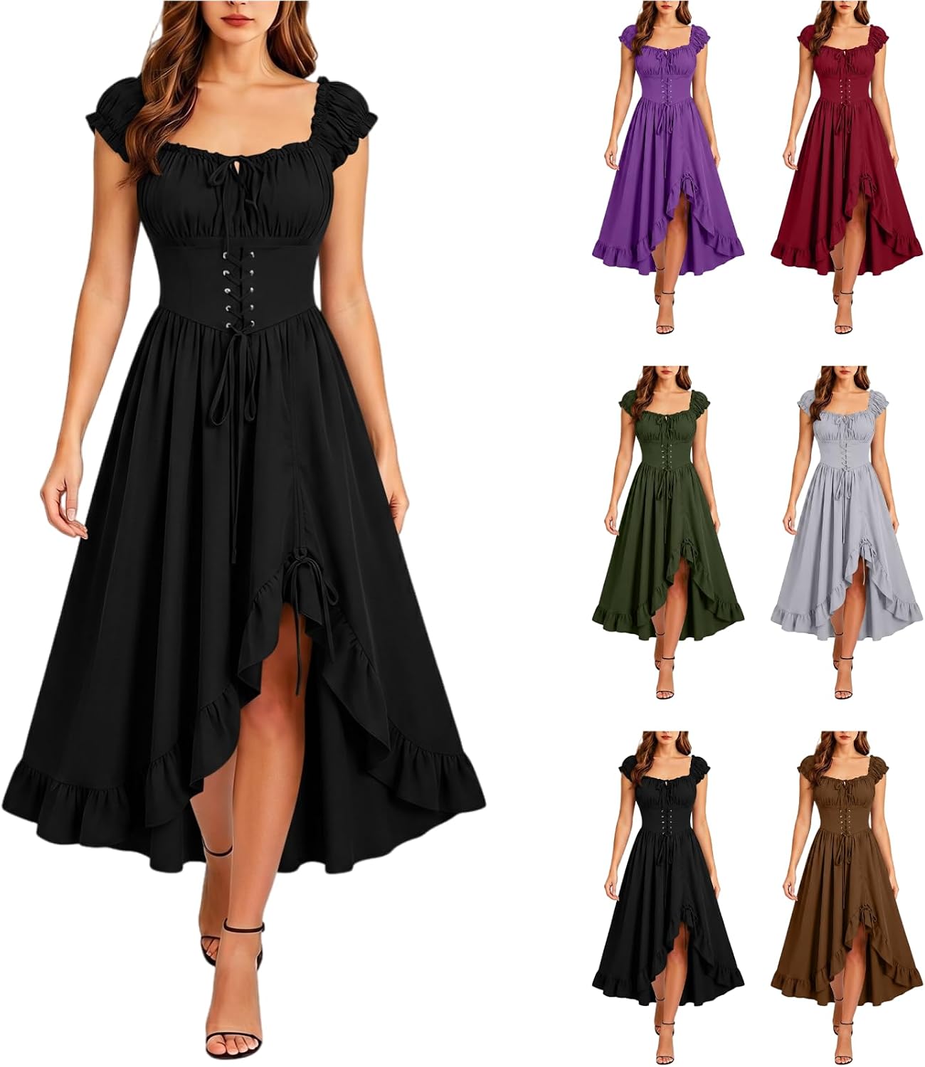 jxsoyen Corset Dress for Women Ruffle Strap Gothic Midi Dress Black