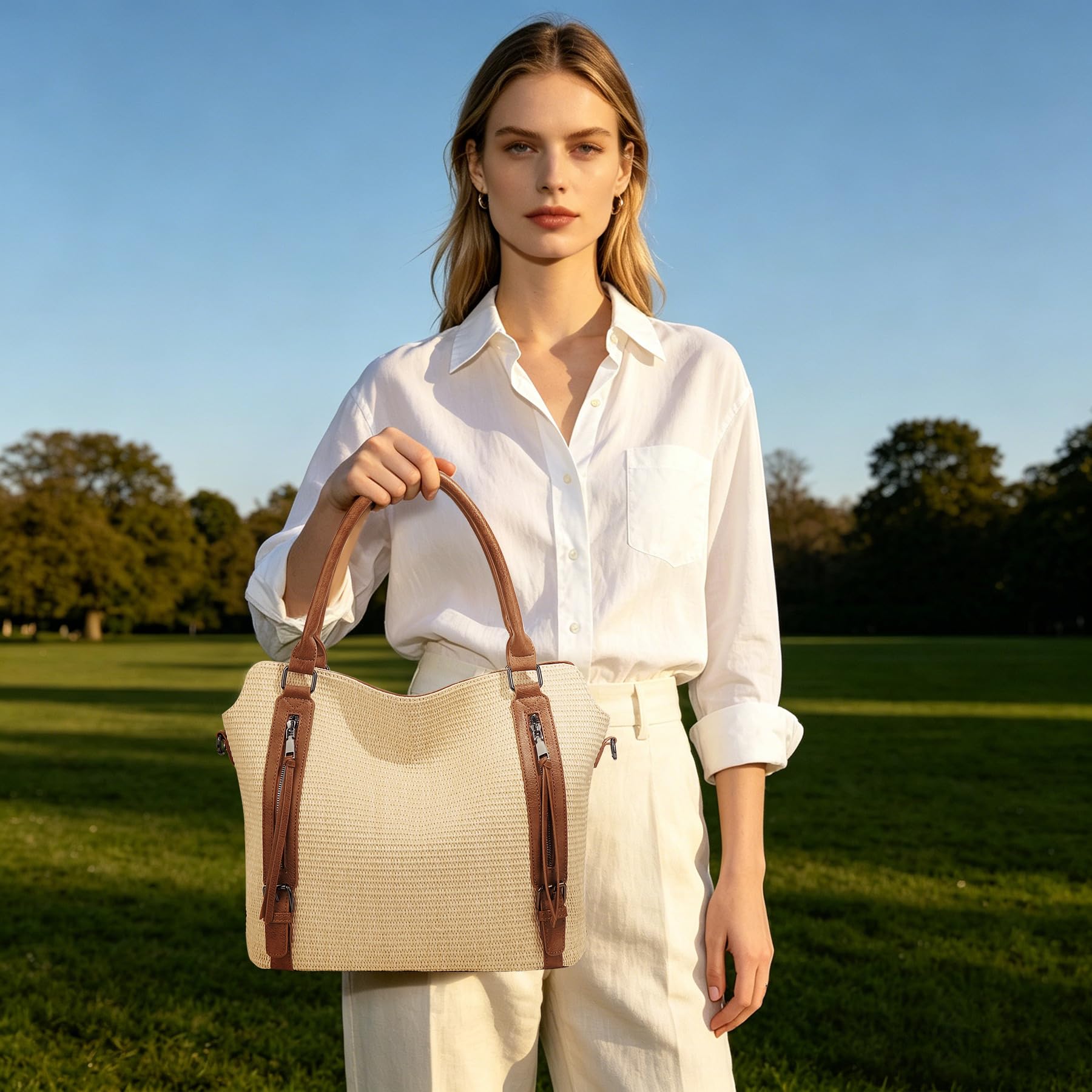 Borsa in paglia intrecciata con tracolla regolabile e tasche multiple, elegante borsa a tracolla in tessuto da donna per uso quotidiano borsa per la spesa