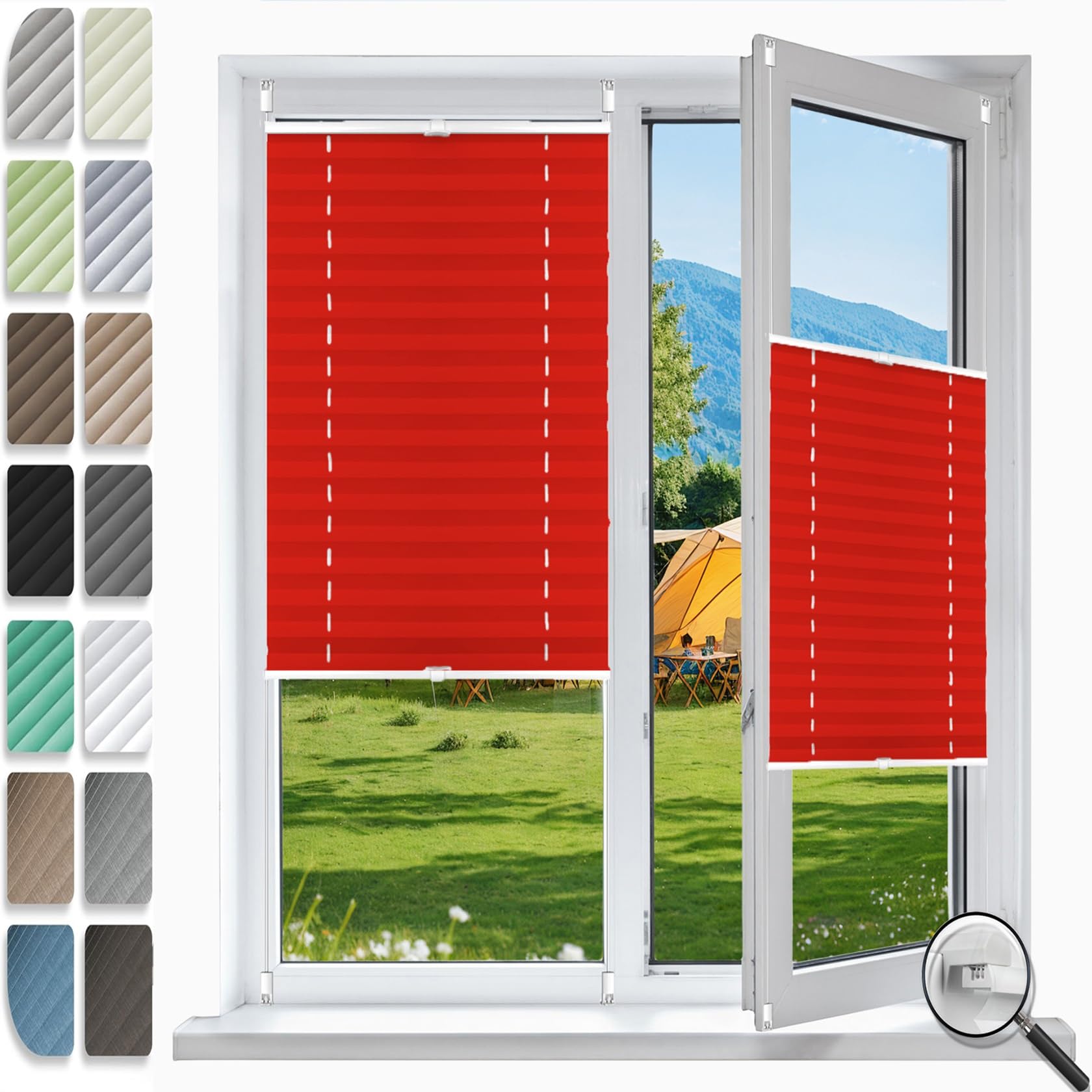 Klemfix Store Plissé Occultant sans Perçage 35 x 205 cm, Protection de Privée, Protection Solaire, Store de Fenêtre Klemmfix sans Perçage, Store Plissé Occultant, pour Fenêtres, Rouge