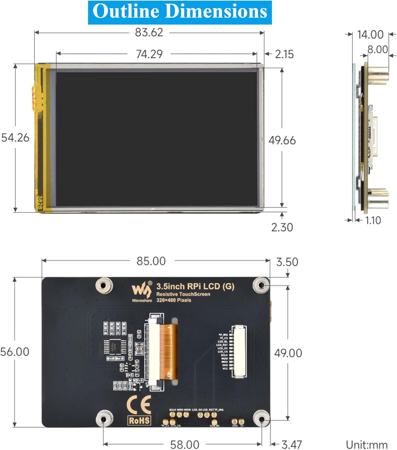 3.5inch Resistive Touch Screen Compatible with Raspberry Pi 5/4B/3B+/3B/3A+/Pico W/Pico 2W/2/ ESP32, 320x480, IPS LCD,SPI Interfaces, Pigo Pin or 11PIN Cable Dual Connections