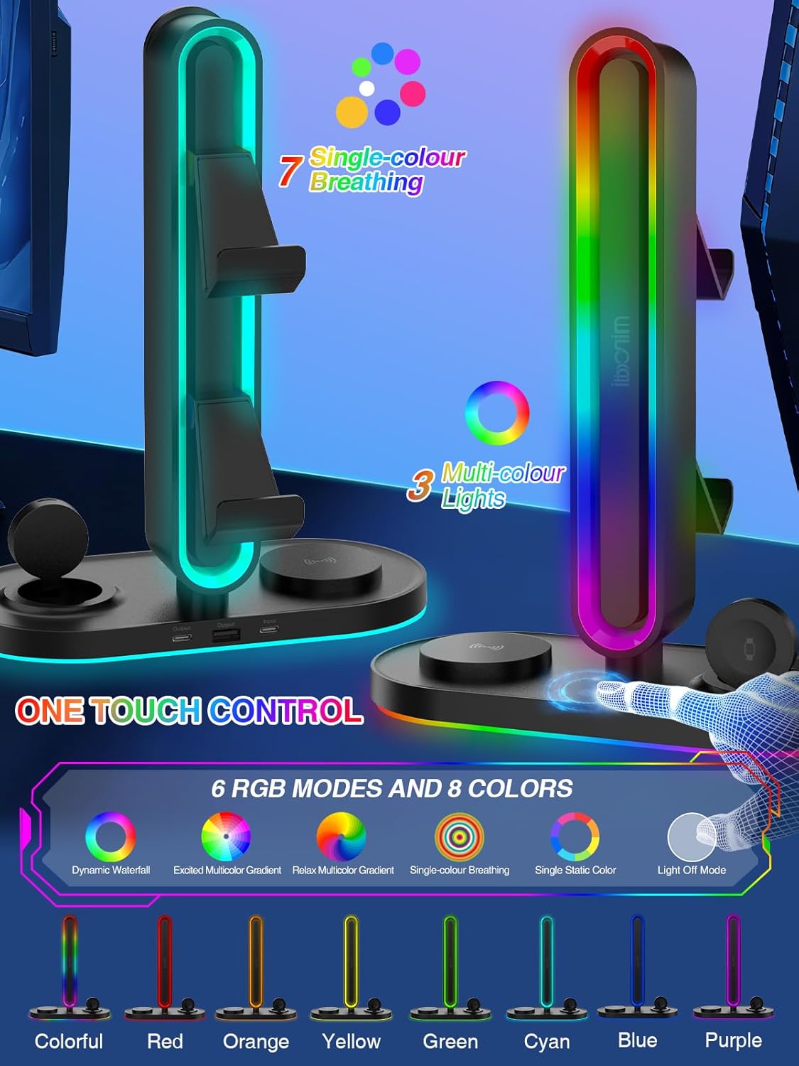 RGB Headset Stand with Wireless Charger, 8-in-1 Charging Station for iPhone, Samsung, Apple Watch Type-C/USB Ports, Gaming Headphone & Controllers Holder, Organizer for Desk Includes 20W PD Adapter - Image 3