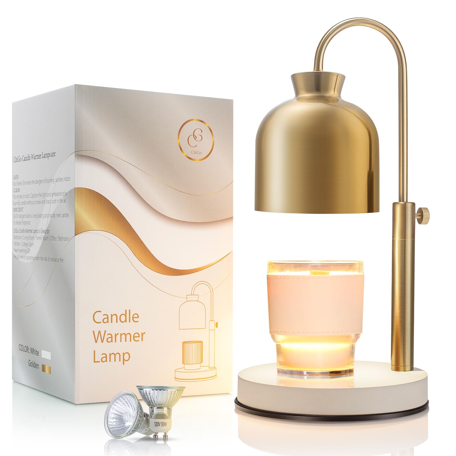 CITIGO Candle Warmer Lamp (Deluxe Golden), for Bedroom, Living Room, Reading Room, Home Decor, Dimmable Wax Melt Warmer for Scented Jar Candle, Daily Use, Warming Gift, 2 Bulbs Included