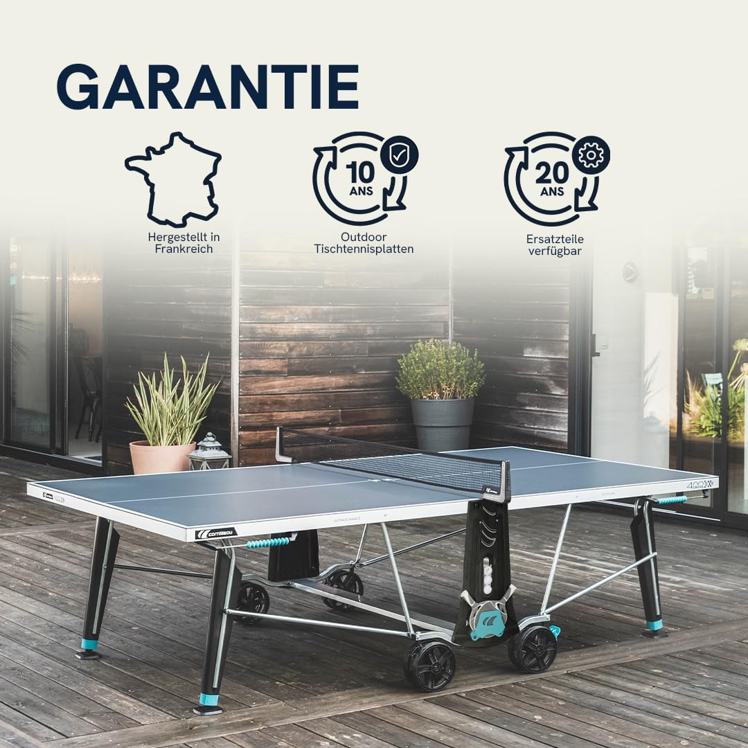 Cornilleau 400X - Outdoor Tischtennisplatte - Klappbar - Wetterfest - Robust - Rollbar - Tischtennistisch für draußen mit 5 mm Melaminharzplatte - Blau oder Grau