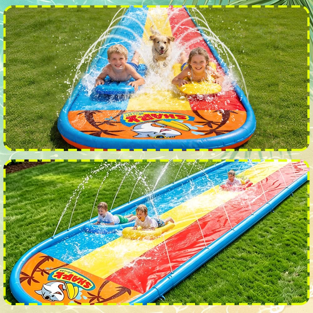 Dreifache Wasserrutsche mit 3 aufblasbaren Bodyboards, Rasenrutsche mit integriertem Sprinkler, Hinterhof, Outdoor, Sommer, Wasserspielzeug für Kinder und Erwachsene, 6 m