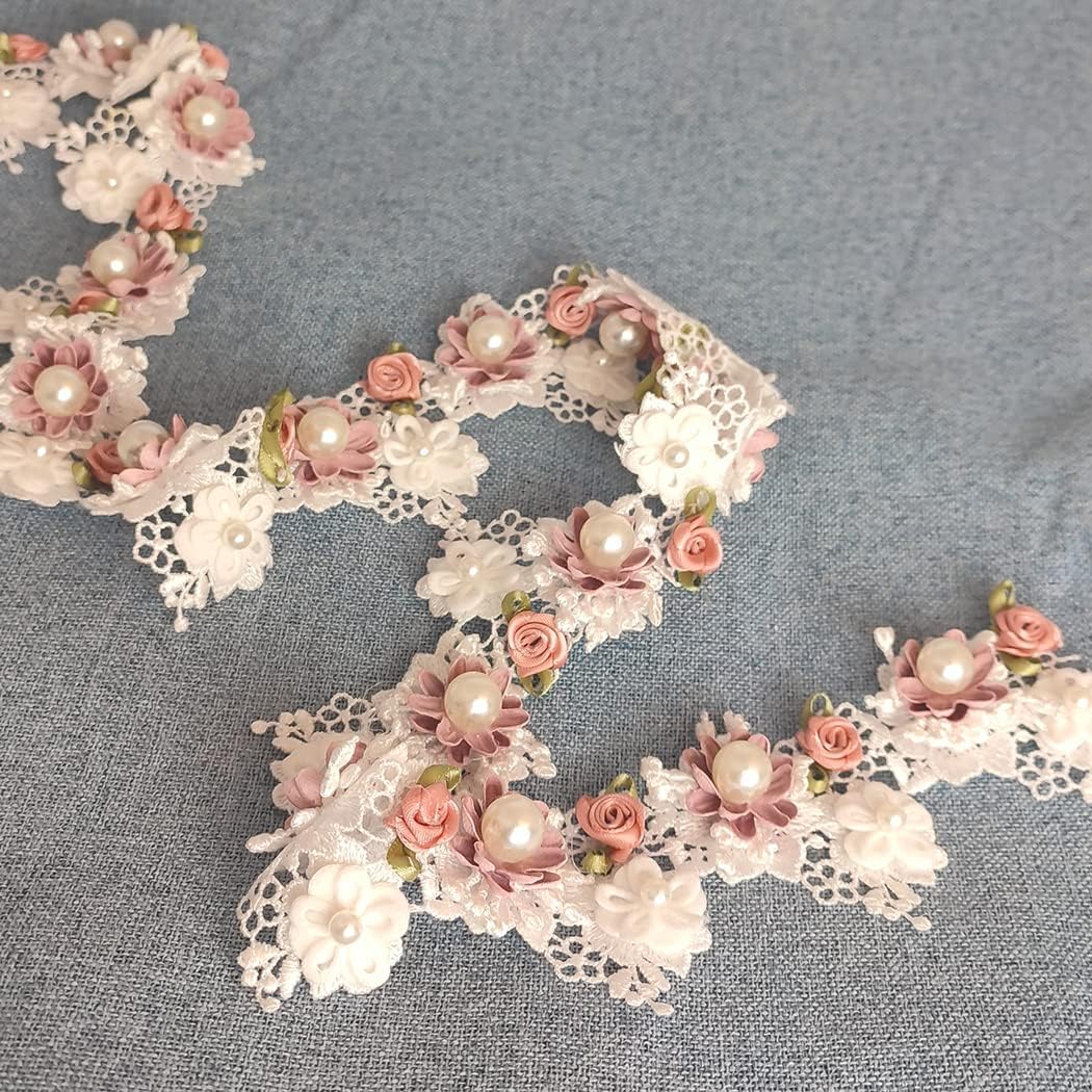 2 Yard Vintage Pearl Flower Ribbon Scallop Edge Trim Sewing Lace Trim Handmade DIY Sewing Supplies for Dress Embellishment (Pearl lace)