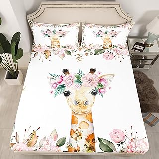 Erosebridal Cute Giraffe Fitted Sheet Set Pink Rose Bed Sheets Twin Size Girls Kids,Cartoon Animal Bed Cover Floral Flower Bedding Set,Wildlife Giraffe Skin Fitted Sheet Set Botanical Room Decor,2Pcs