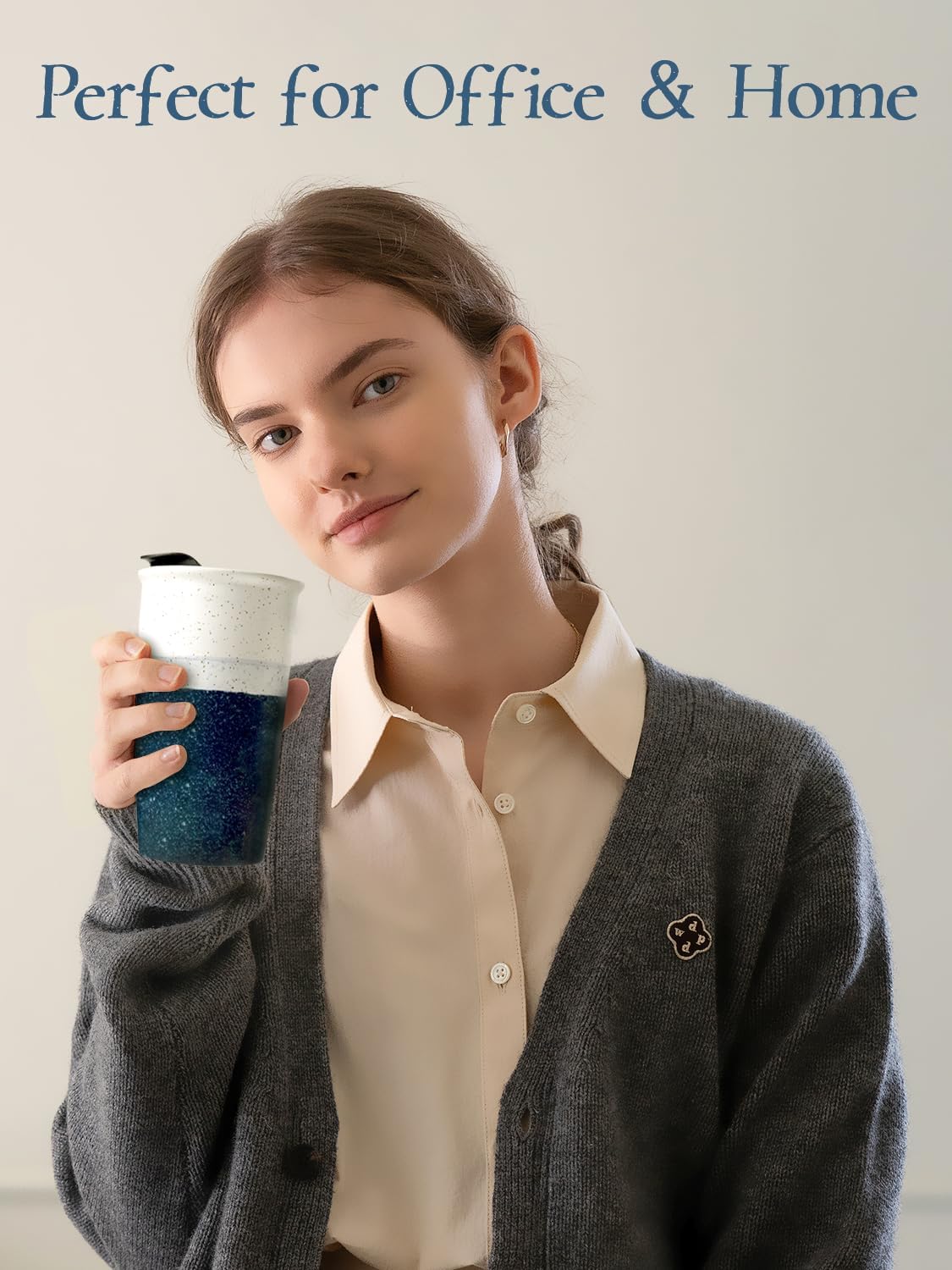 Ceramic Travel Mug with Lid, Blue Double Wall Coffee Mug Tumbler, Reusable Tall Cup, Splash Resistant Lid, Dishwasher Microwaveable Safe