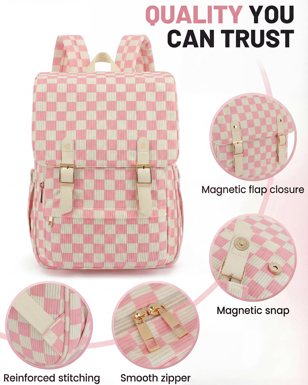 Corduroy Laptop Backpack for Women, Fits 15.6 Inch Computer Bag, College High School Bookbag Travel Daypack Purse, Work Business Bags - Corduroy Checkered Pink