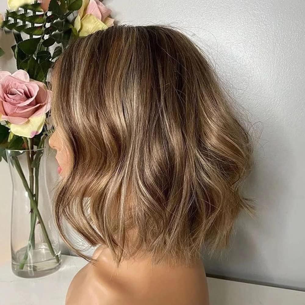 Afro Highlight Honey Blonde Mixed Color Short Bob 13X4 HD Lace Front Wig Baby Hair Natural Wave Pre Plucked Virgin Human Hair Glueless Brazilian Remy Hair 150% Density for Black Women 10 Inch