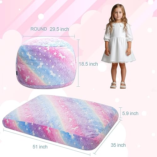 Miniatura 3 de Silla Puf para Niños, Cama Puf de Unicornio para Niños Pequeños, Silla Puf Convertible para Niños a Colchón de Piso con Relleno, Sacos de Frijoles