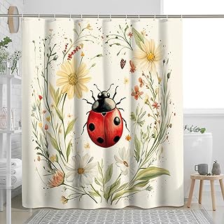 DESIHOM Spring Ladybugs Shower Curtain Set, Vintage Floral Plant Shower Curtain, Insect Bathroom Accessories, Fabric Decorative -72 * 78 Inch