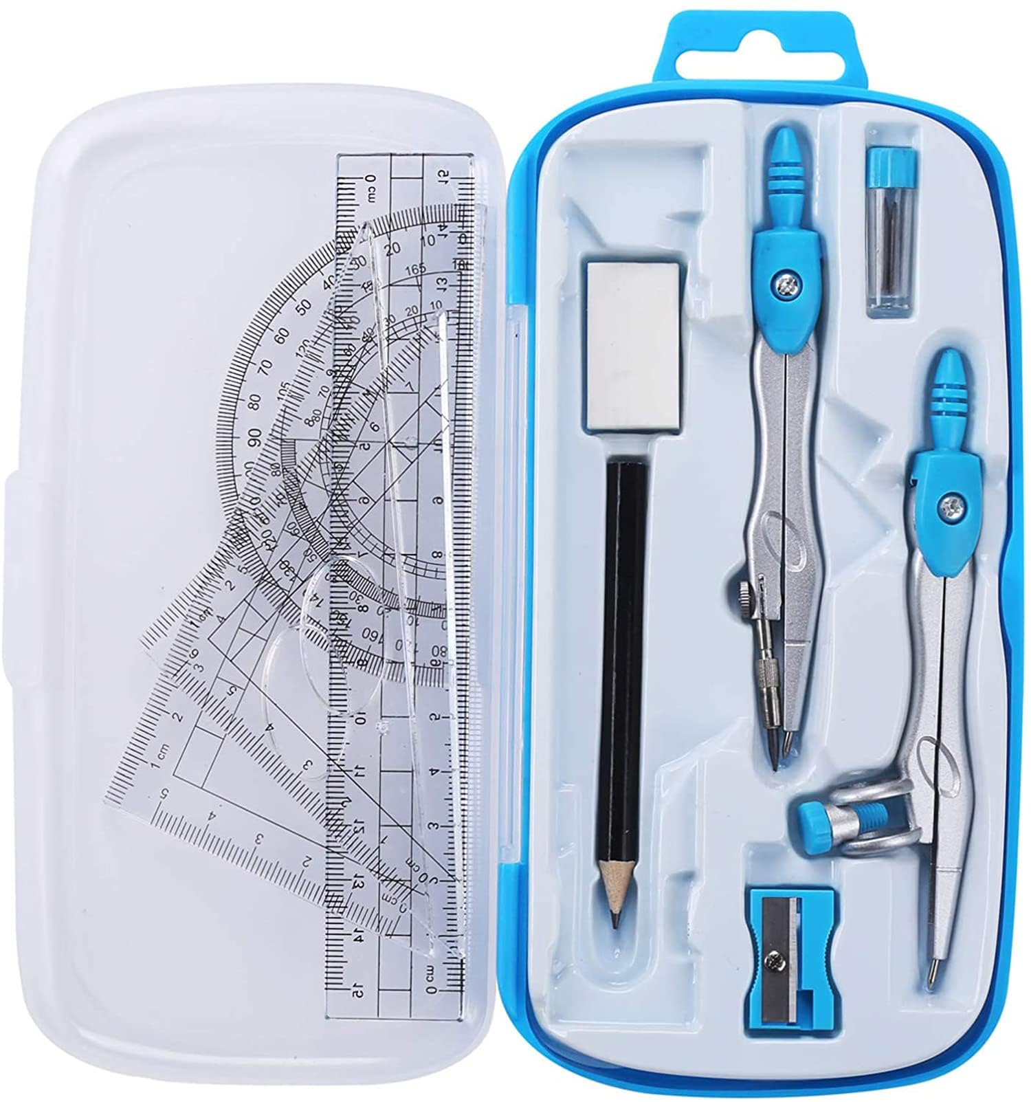 Khazna Math Geometry Kit Sets, Student Supplies with Shatterproof Storage Box, Includes, Rulers, Protractor, Compass, Eraser, Pencil Sharpener, Lead Refills, Pencil, for Drafting and Drawings, Blue