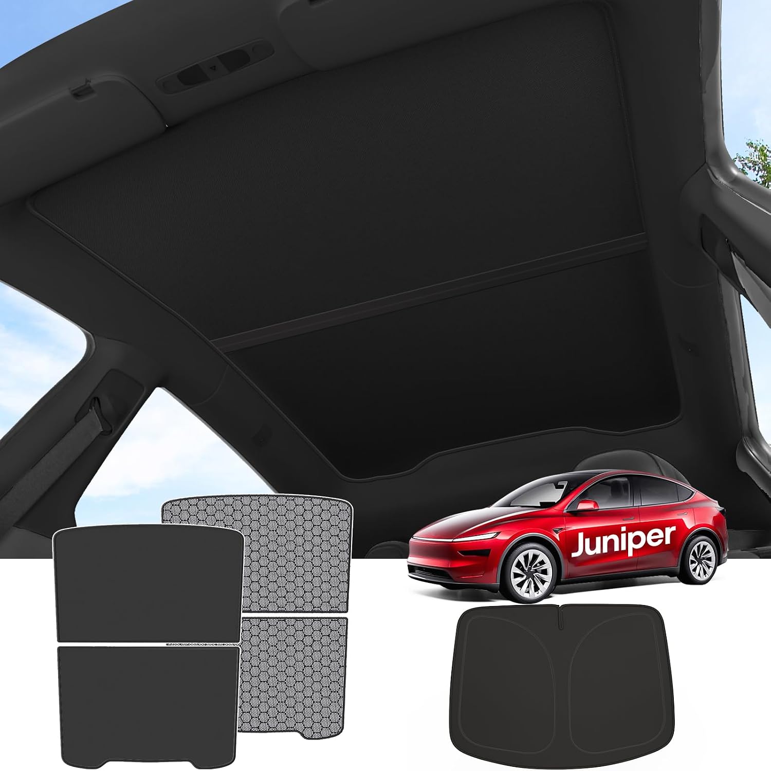 TopLight 3PCS Sunshade Roof + Windshield Sunshade for 2025-2026 Model Y Juniper [Graphene Coating, No Gaps] Upgrade Tesla Model Y Accessories, Blocks 99% of Sunlight, Black