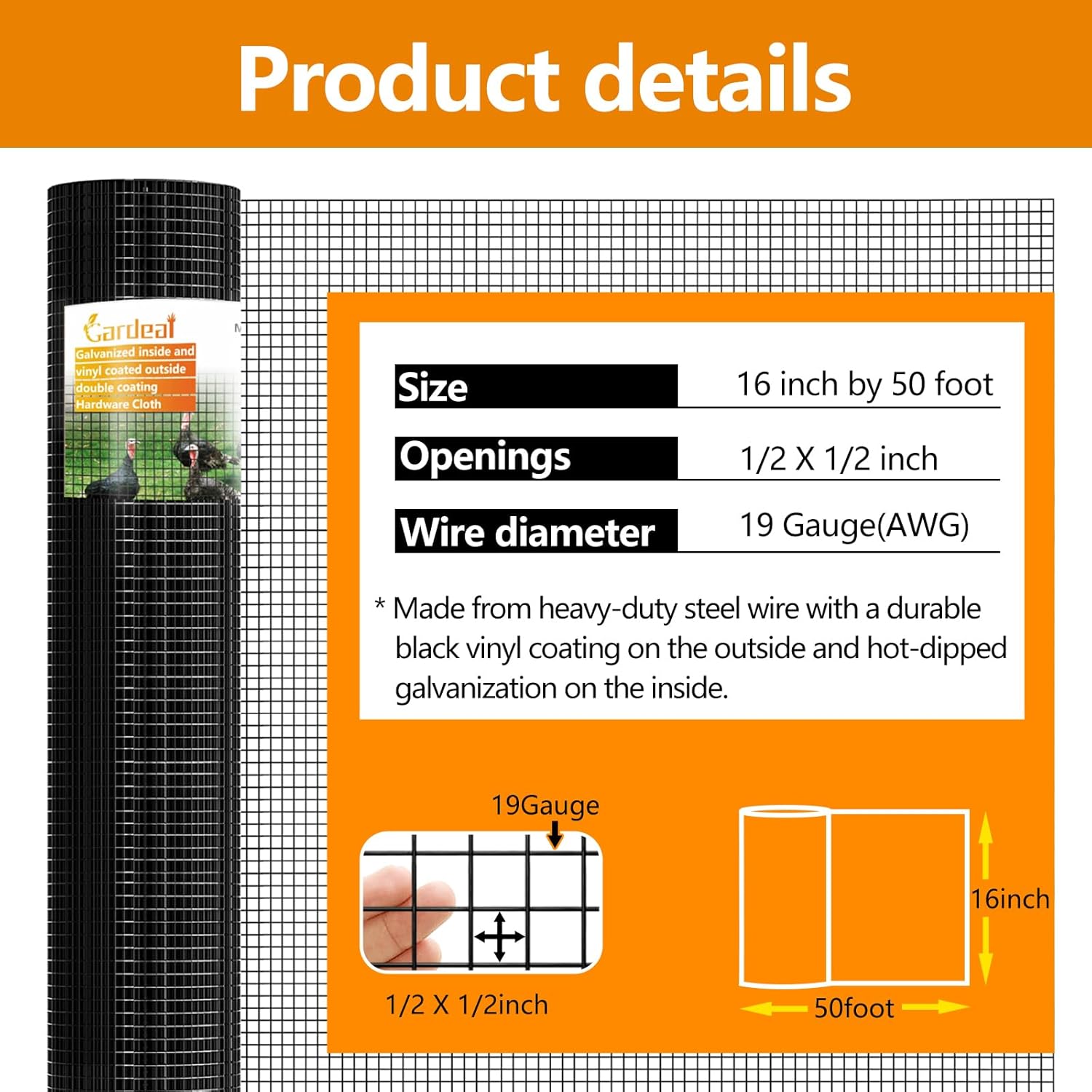 19 Gauge Black Hardware Cloth1/2 Inch -Vinyl Coated Welded Wire Mesh Roll- Duty Rust Proof Fencing for Gardens, Poultry Animal Netting Cage Screen (Black 1/2 16inx50Ft)