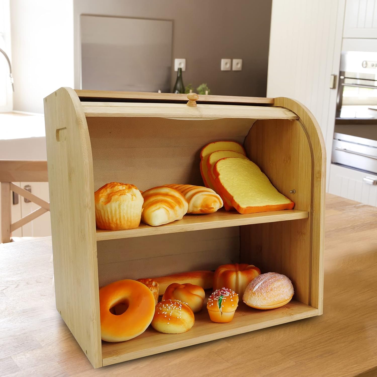 DECOMIL Bamboo Bread Box for Kitchen Countertop, Large Bread Box,Storage Box for Bakery Products, 2 Layer Box image 2
