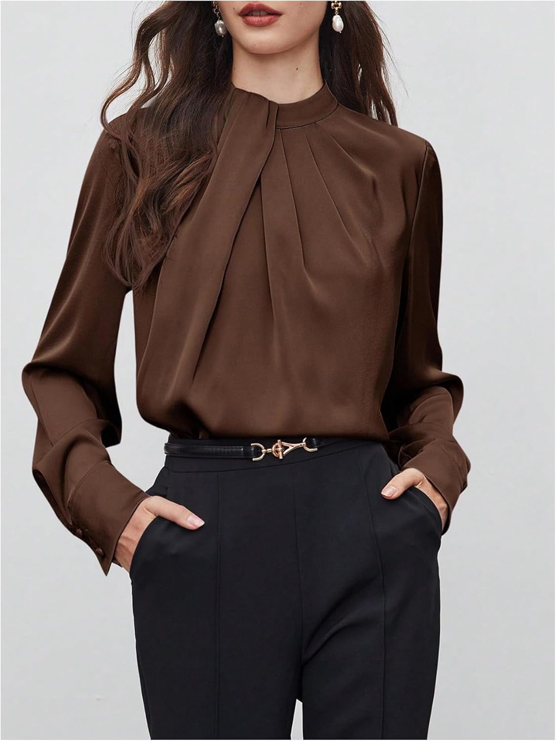 Floerns Women's Dressy Ruched Long Sleeve Blouse Mock Neck Business Casual Office Shirts Old Money Clothes - Image 2