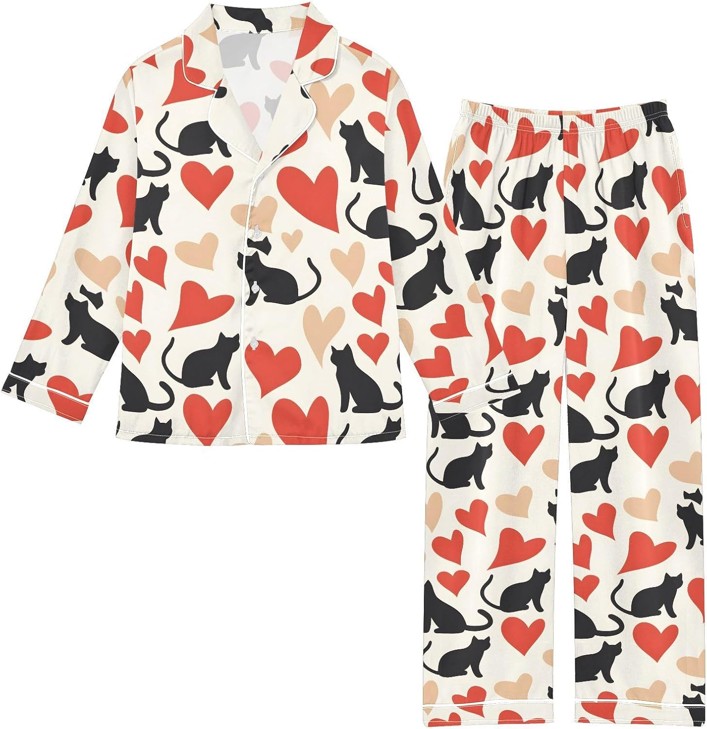 senya Cats Hearts Q Satin Pajama Sets Long Sleeves Nightwear Button Down Sleepwear