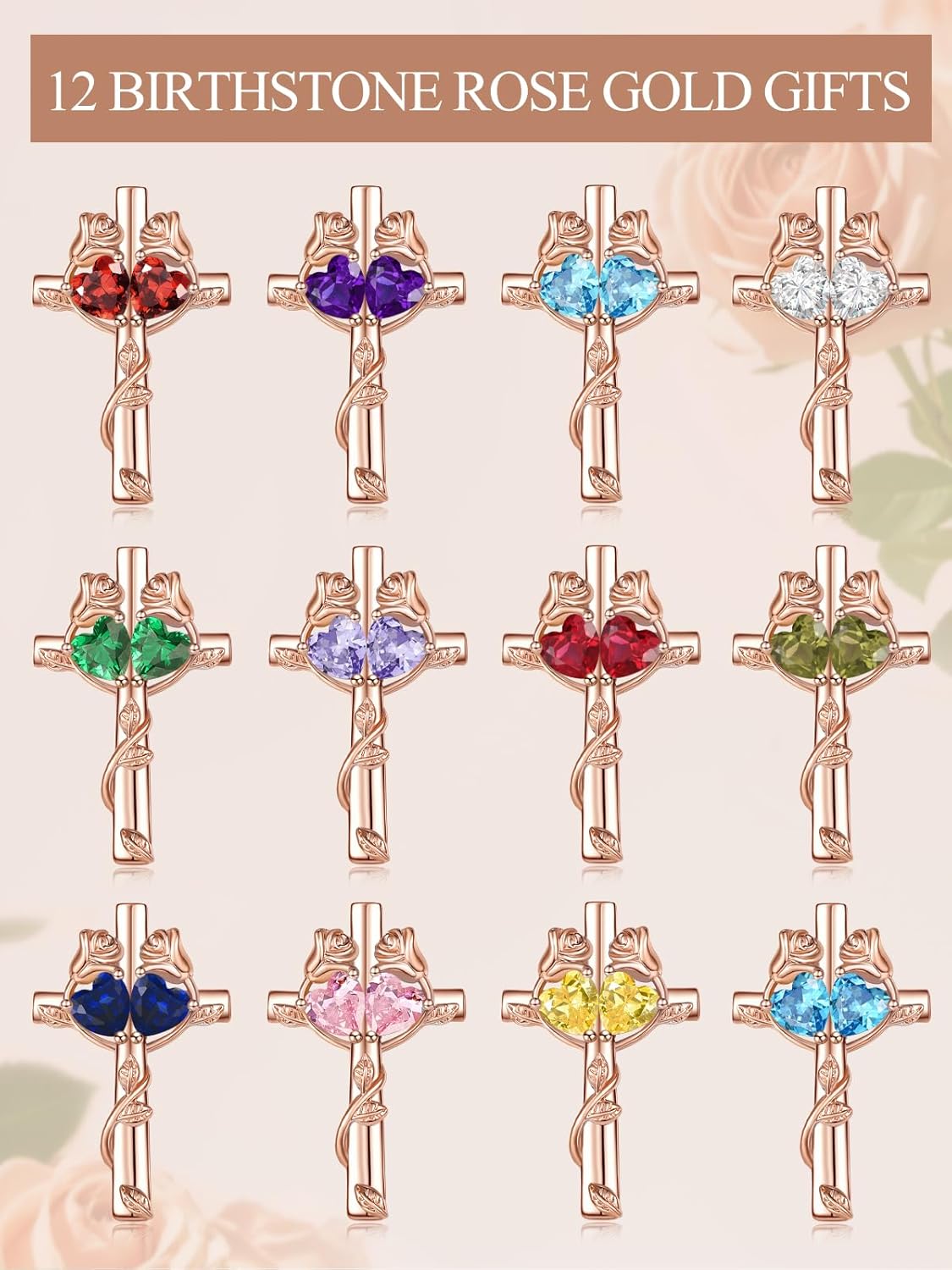 Rose Cross Necklaces for Women, Rose Gold Cross Jewelry with 2 Birthstones Pendant, Valentines Day Birthday Gifts for Women - Image 6