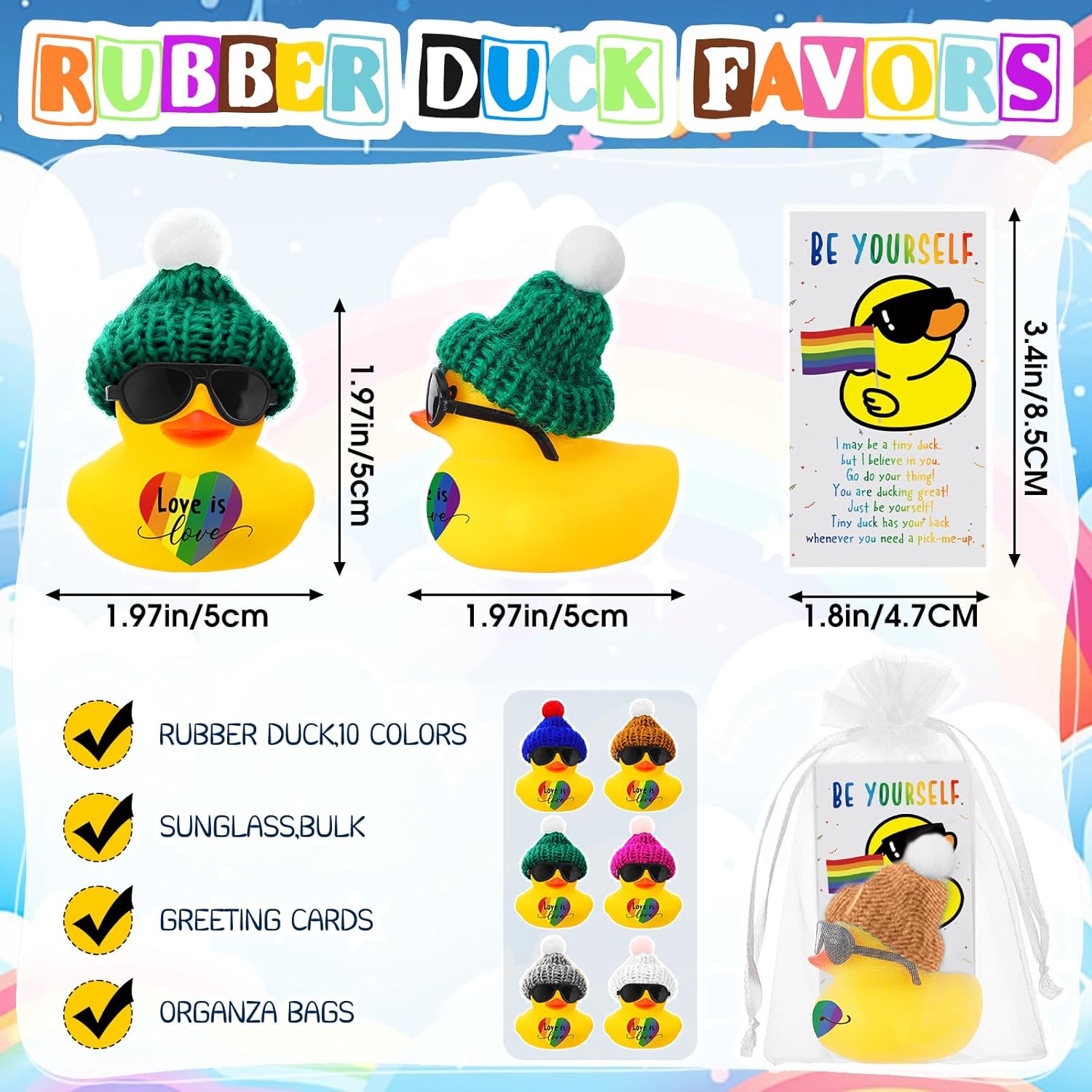 Liliful 48 Sets Rainbow Lgbt Pride Gifts Love Is Love Sign Mini Rubber Ducks with Glasses and Hats Be Yourself Positive Cards with Organza Bag Gay Gifts for Women Men Parades Rainbow Festival