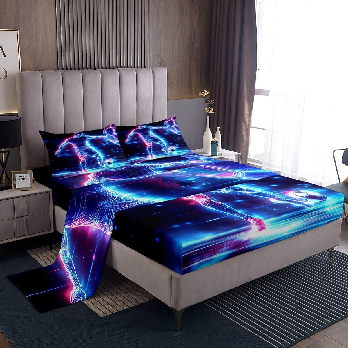 Soccer Player Bed Sheet Queen Size Football Sheets Sets Adults Bedroom Decor Neon Sports Soccer Microfiber Bedding Set with Flat,Fitted Sheet,2 Pillow Cases