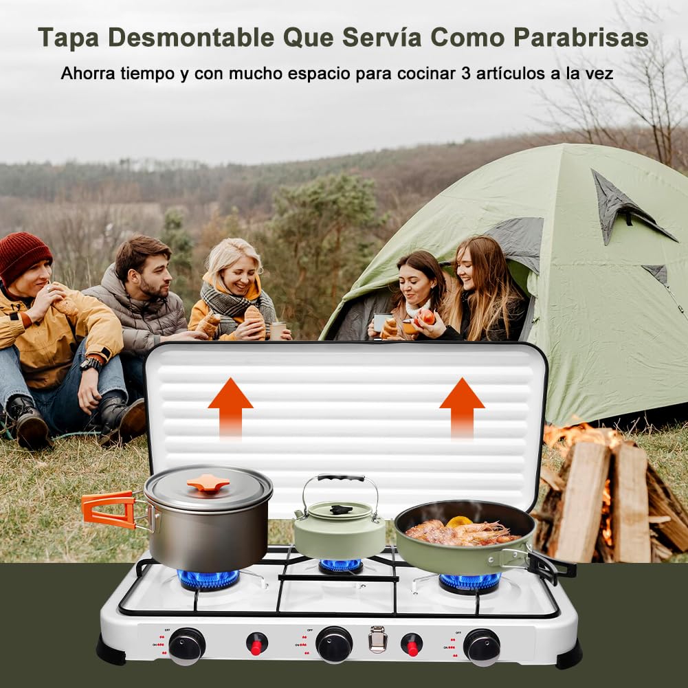 Cocina Gas Portátil 3 Fuegos Eencendido Piezoeléctrico, 5.4kw Camping Hornillo de Gas con Tapa, Exterior Festivales Hornillo Quemador de Gas al Aire Libre (blanco brillante)