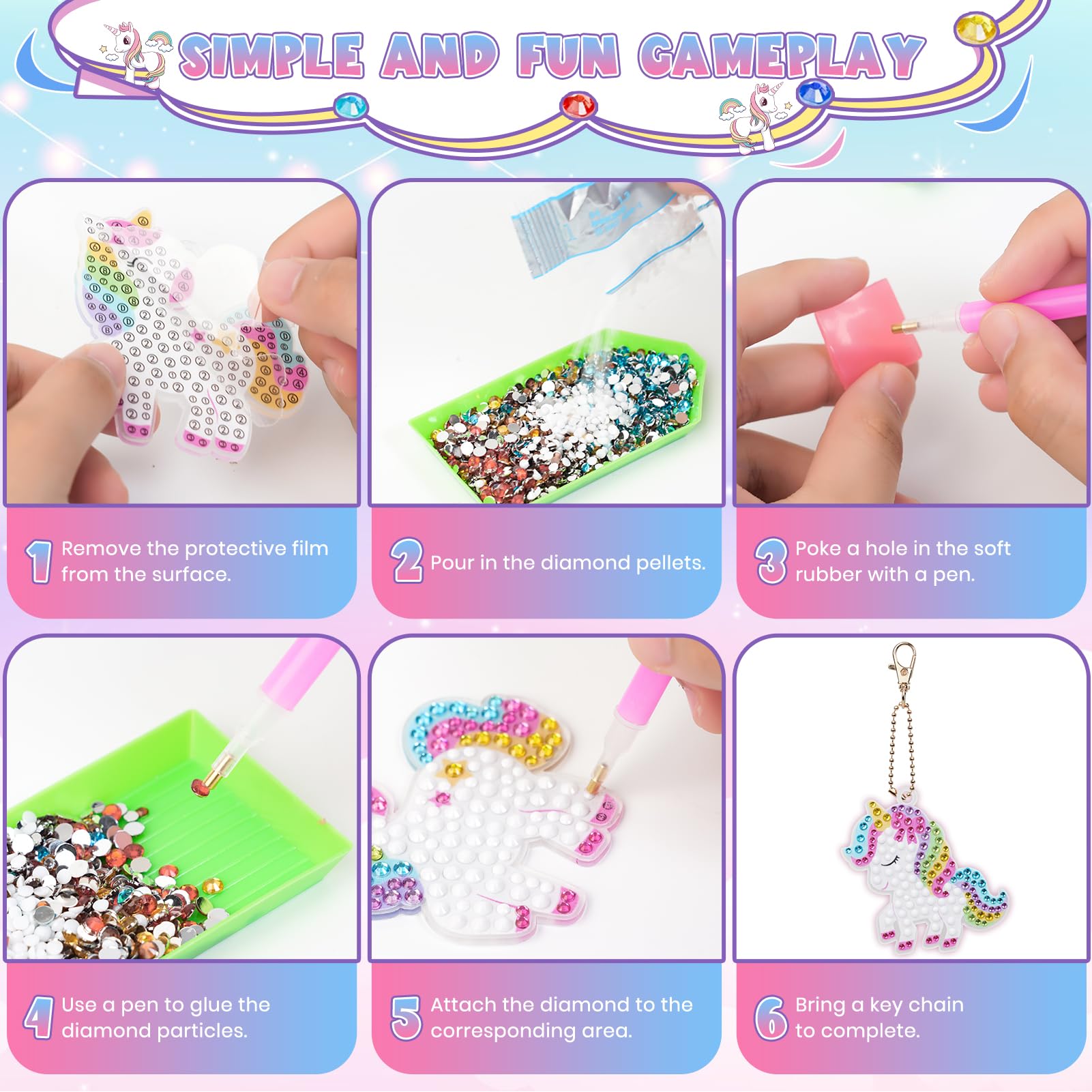 Diamond Painting Bastelset Für Mädchen 4-10 Jahre – Mit Einhorn-POP-Tasche & Schlüsselanhänger, Kreatives Kindergeschenk