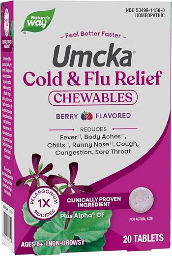 Nature’s Way Umcka Cold+Flu Homeopathic, Fever**, Sore Throat, Cough, Congestion, Minor Aches/Pains**, Phenylephrine Free, Non-Drowsy, Berry Flavored, 20 Chewable Tablets