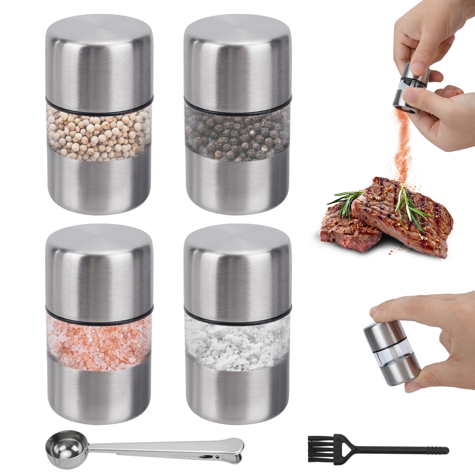 WRENYZK 4pcs Stainless Steel Mini Salt and Pepper Grinder Set Refillable