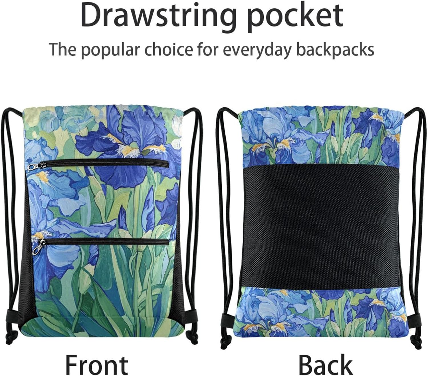 Sport Drawstring Backpack - Irises Flower Van Gogh Breathable Mesh Gym Bag with Water Resistant Zipper Pockets, Comfortable Rope Straps for Travel Outdoor Yoga Dance Beach Swim