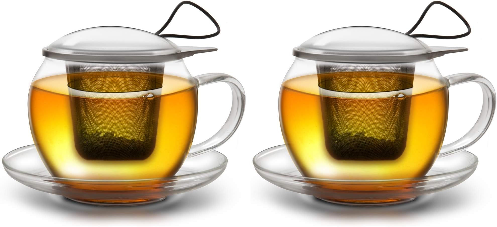 CreanoJumbo Tea Cup Xxl With Handle And Integrated Stainless Steel Strainer, Glass Lid And Saucer | 450Ml- Transparent, 2Xl (Pack Of 2)