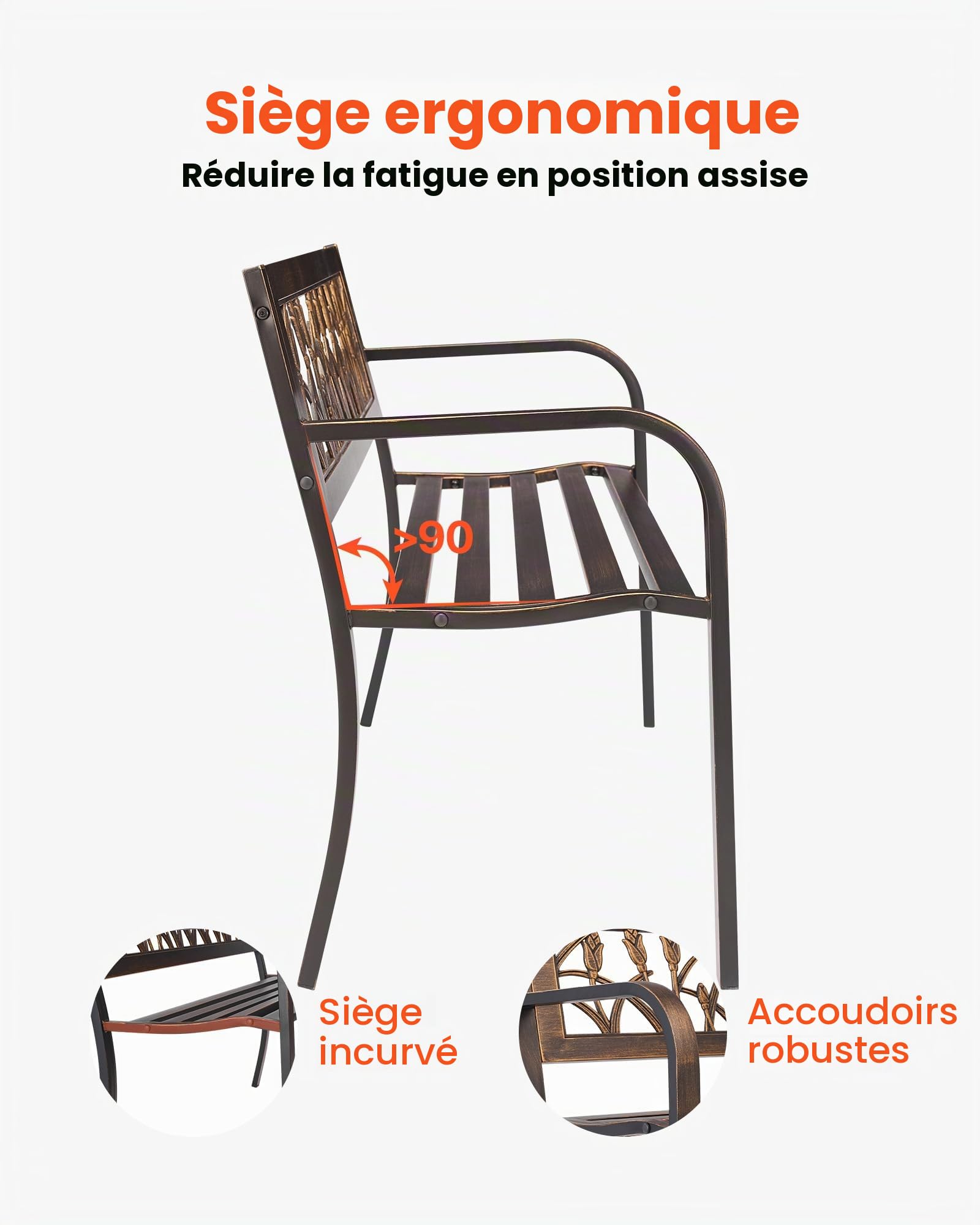 VEVOR Banc de jardin, 127 cm, banquette extérieur en acier carbone avec dossier en PVC à motif floral et accoudoirs à bords arrondis, banc résistant aux intempéries pour terrasse, parc, bronze antique