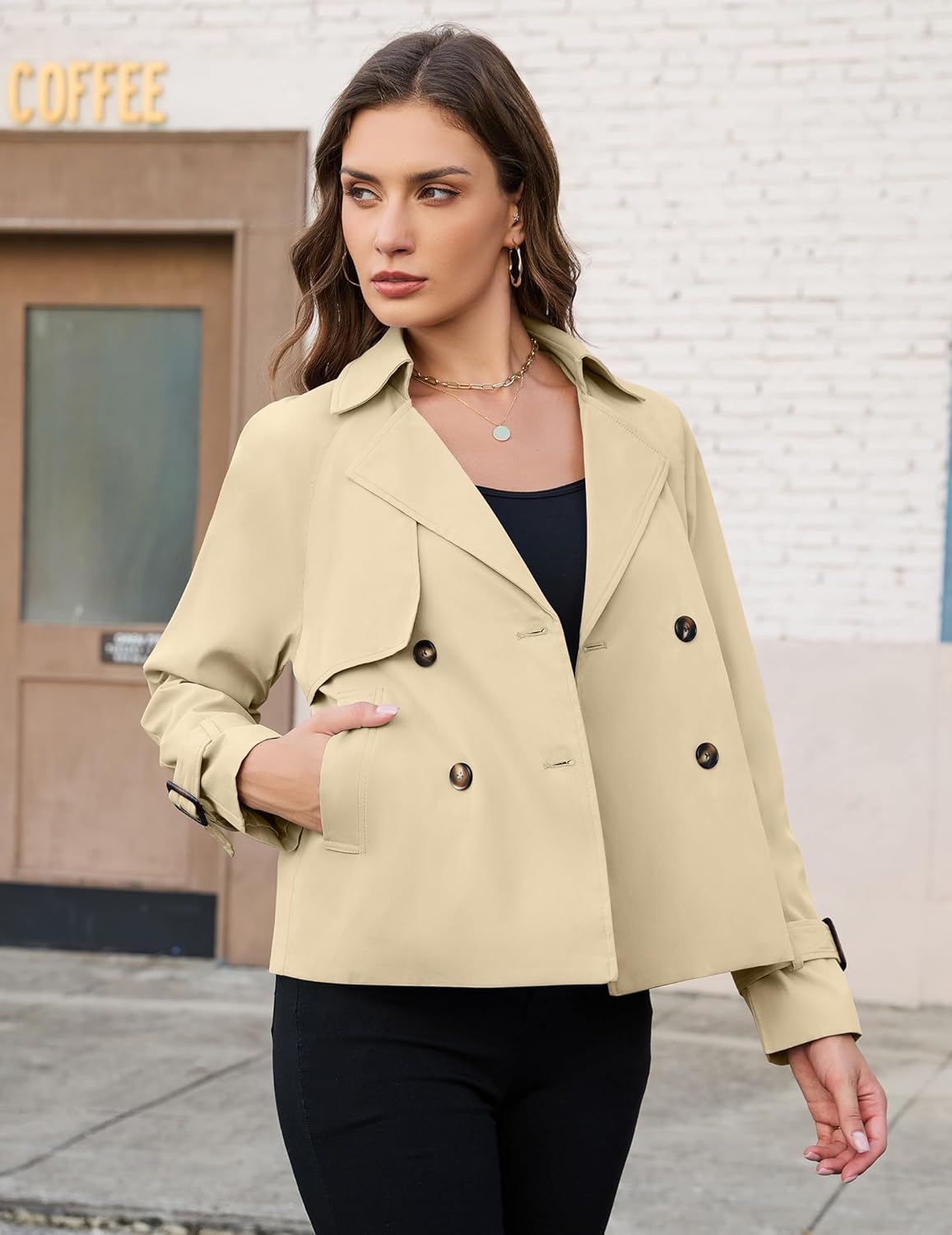 AGSEEM Womens Cropped Trench Coat Casual Double Breasted Long Sleeve Lapel Short Jackets with Pockets Fashion Outerwear 2026 - Image 3