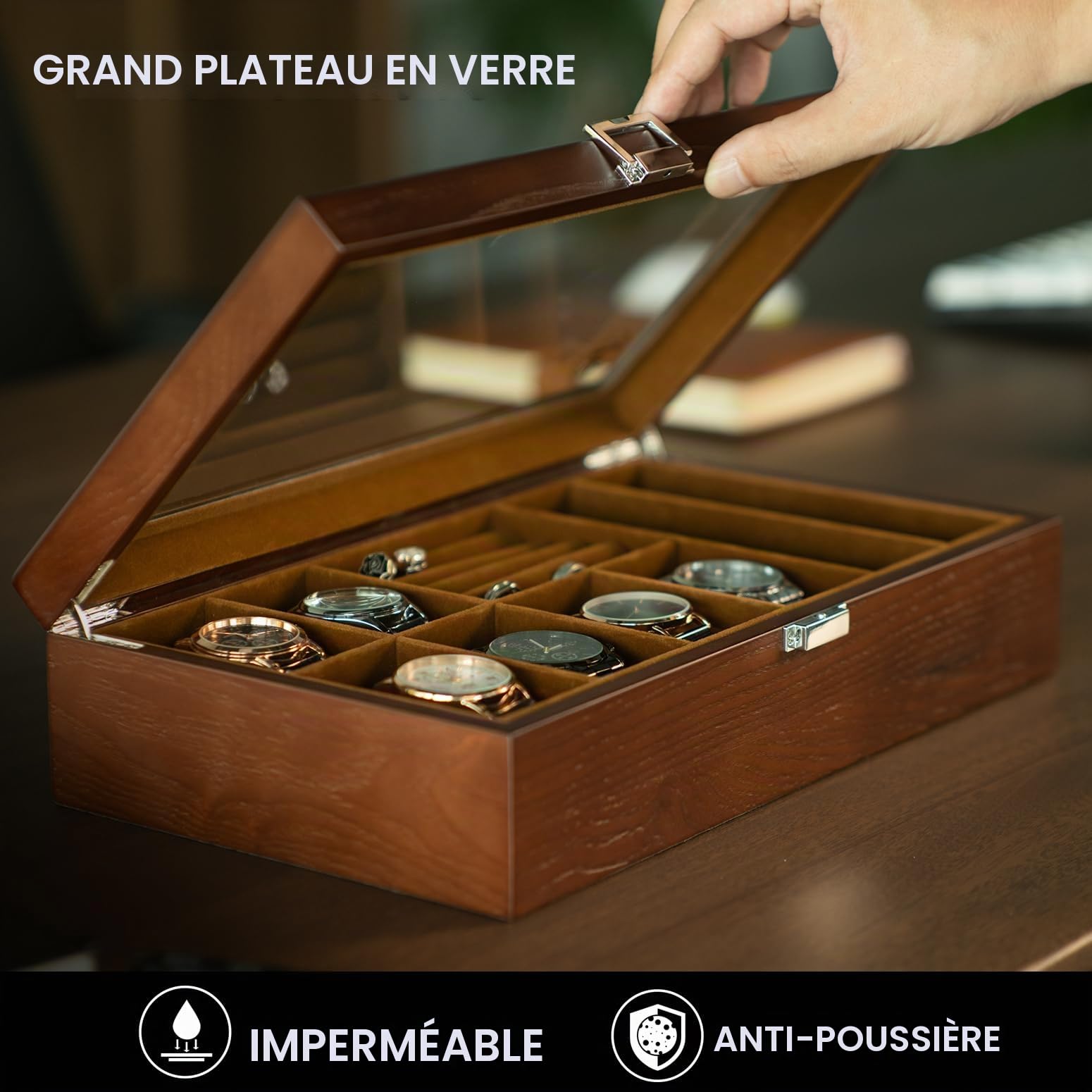 Slege Boîte à Montres en Bois,6 Emplacements,Coffret à Montres avec Couvercle en Verre,Organisateur de Rangement pour Montre,Boîte à Bijoux,Cadeau pour Homme Femme,pour Montre,Lunette de Soleil,Bague