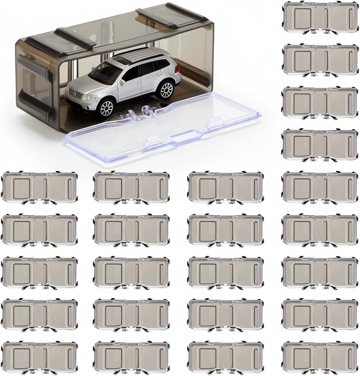 Marsui 100 Pcs 1/64 Scale Toy Cars Organizer Storage Case Clear Individual Toy Car Display Case1.4 x 1.4 x 3.5 Inches (Black Gray)
