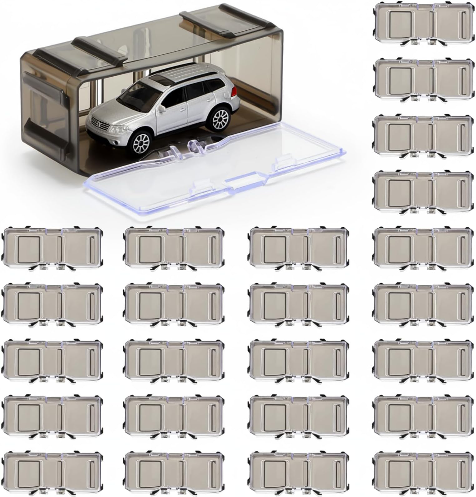 Marsui 100 Pcs 1/64 Scale Toy Cars Organizer Storage Case Clear Individual Toy Car Display Case1.4 x 1.4 x 3.5 Inches (Black Gray)