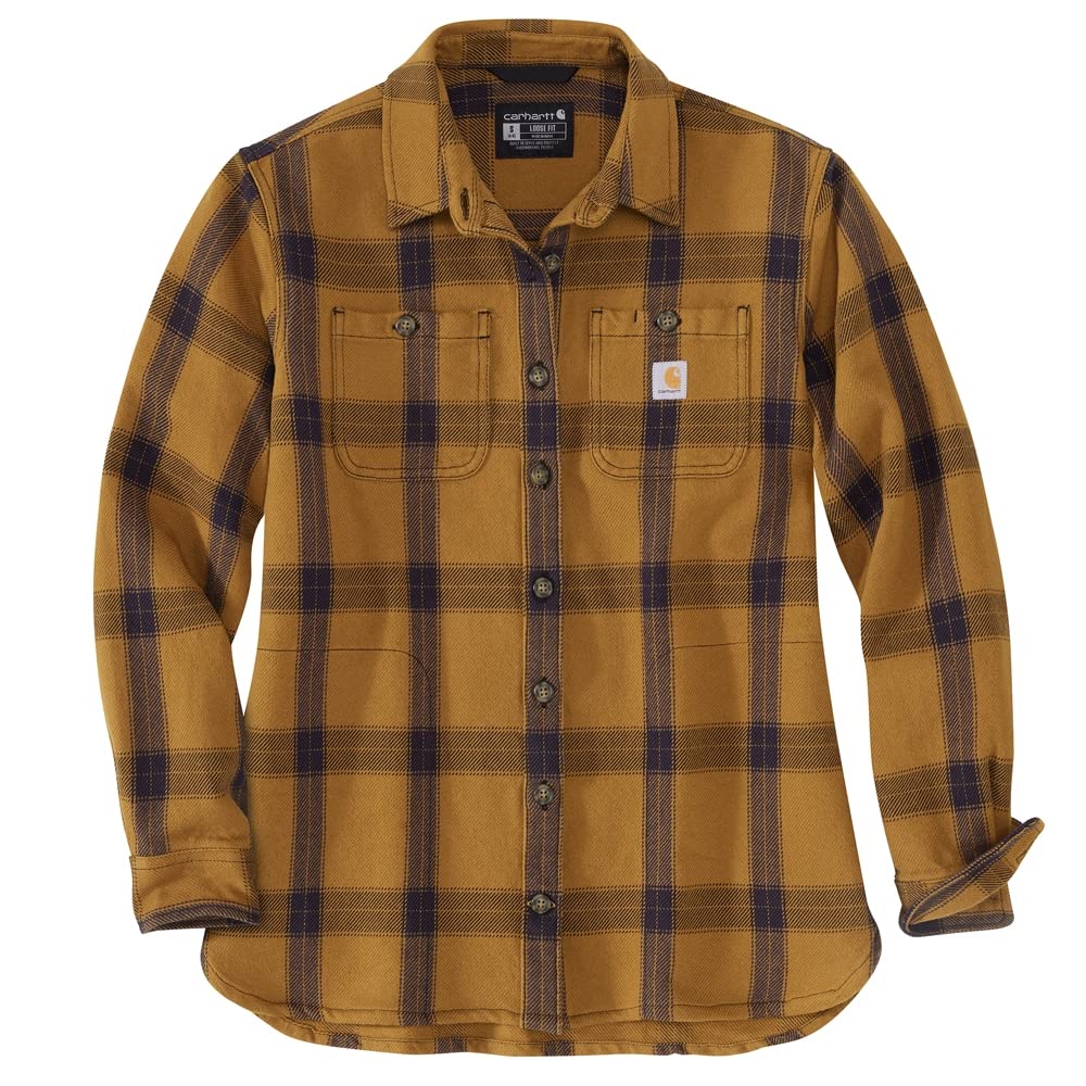 Carhartt Women's Loose Fit Heavyweight Twill Long-Sleeve Plaid Shirt Work Utility Button Down Shirt, Carhartt Brown,