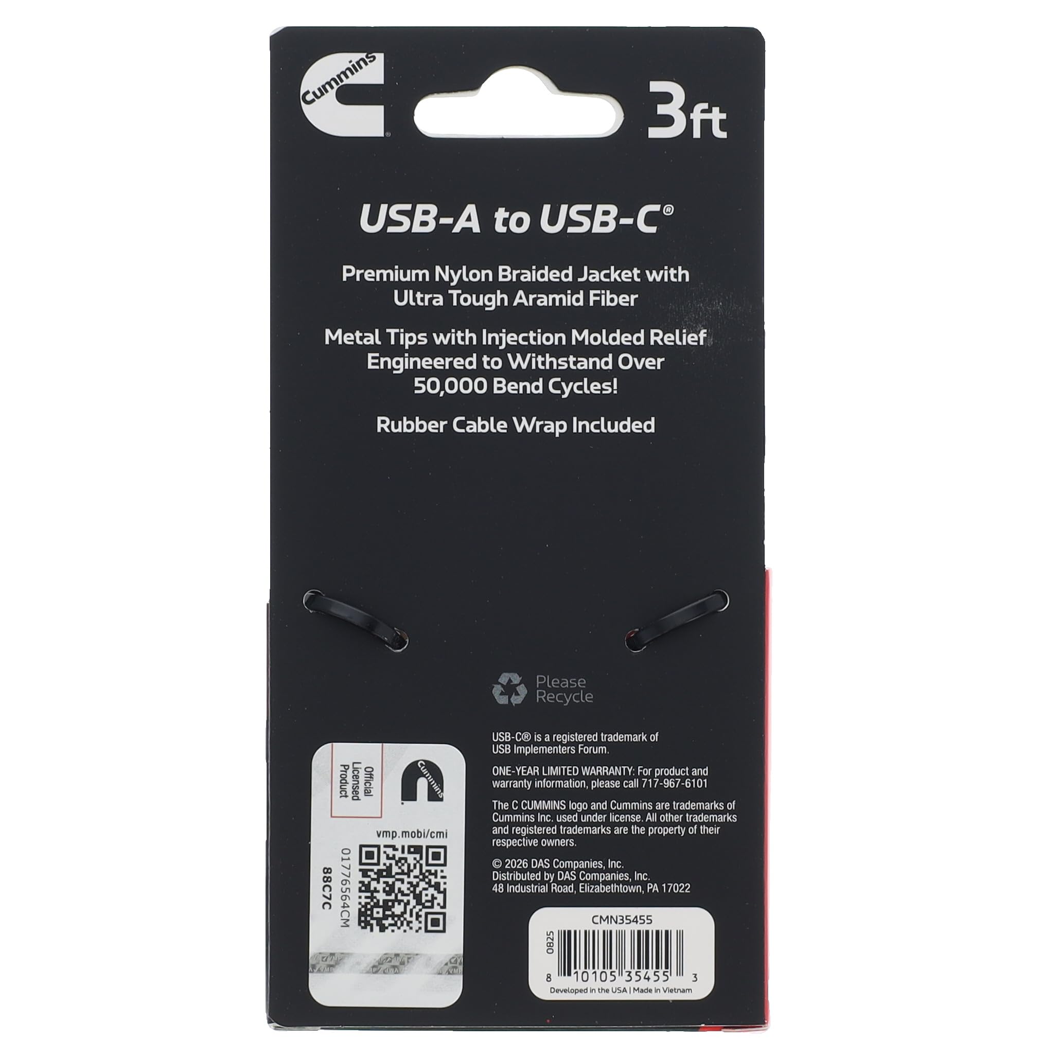 Cummins Cavo di ricarica da USB-A a USB-C, compatibile con iPhone e Samsung, fibra aramidica intrecciata di alta qualità, ultra resistente