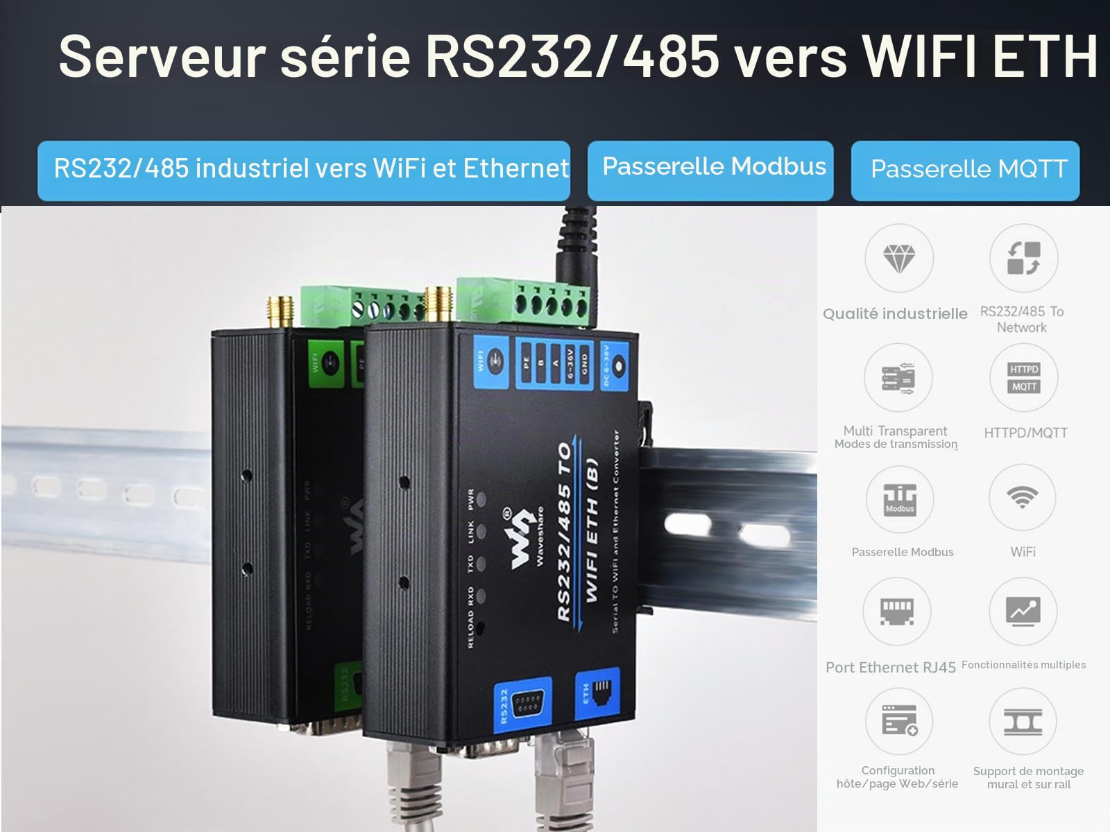 Serveur Série RS232/485 vers WiFi POE Ethernet Convertisseur, Modbus/MQTT Gateway, Support Série vers WiFi, Série vers Ethernet, Ethernet vers WiFi, etc. Alimentation DC 6~36V/PoE