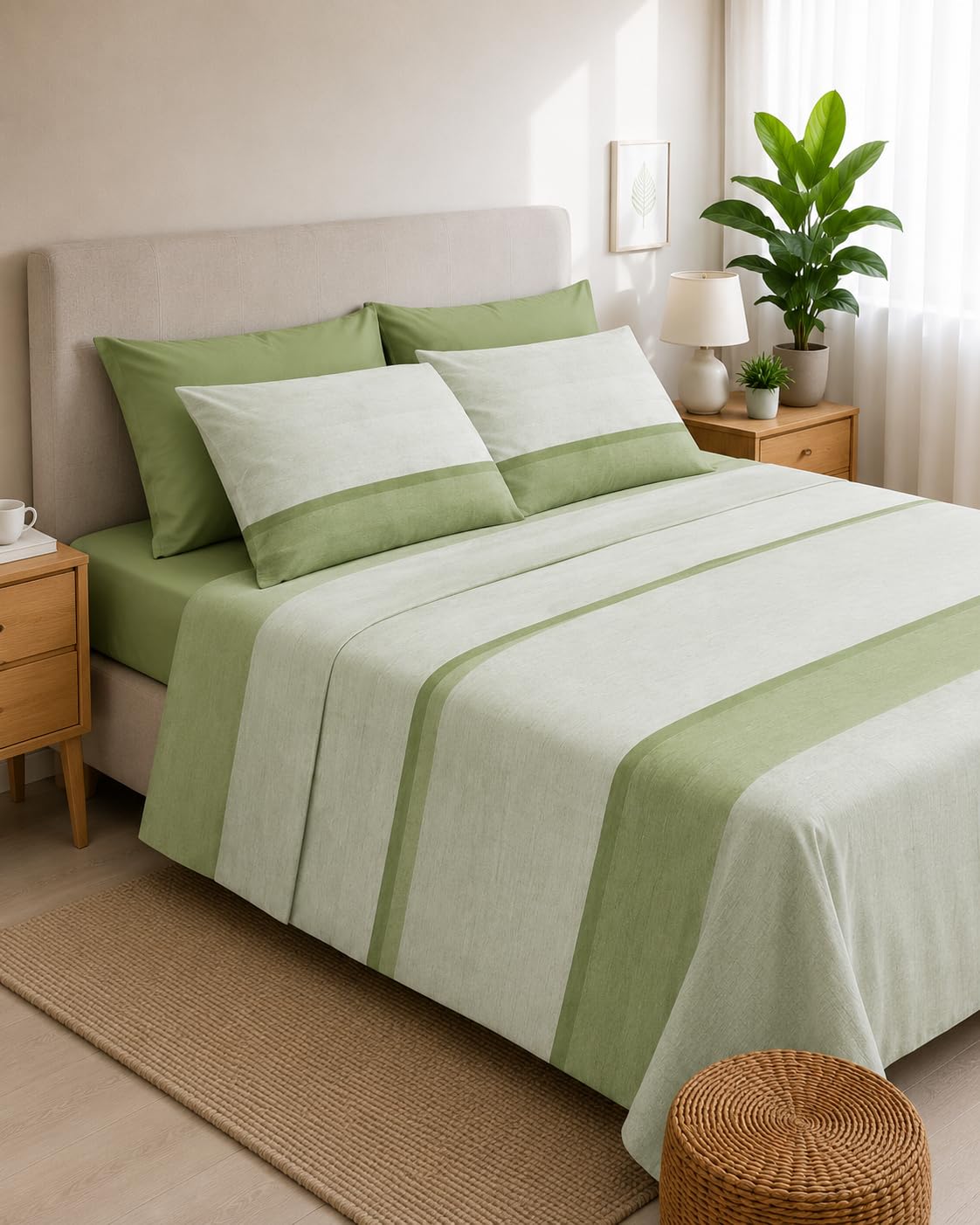Parure de lit double drap housse 180x200 coton vert grand lit