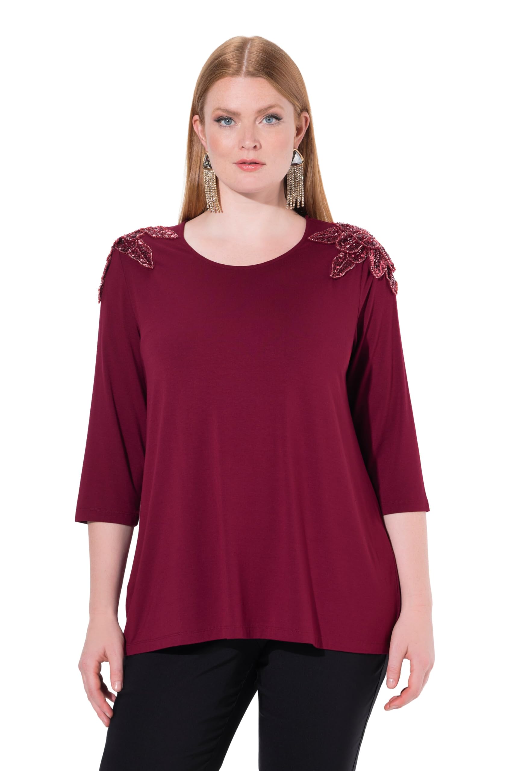 Ulla Popken Damen große Größen Übergrößen Plus Size Shirt, Pailletten-Blüten, A-Linie, Rundhals, 3/4-Arm 842687